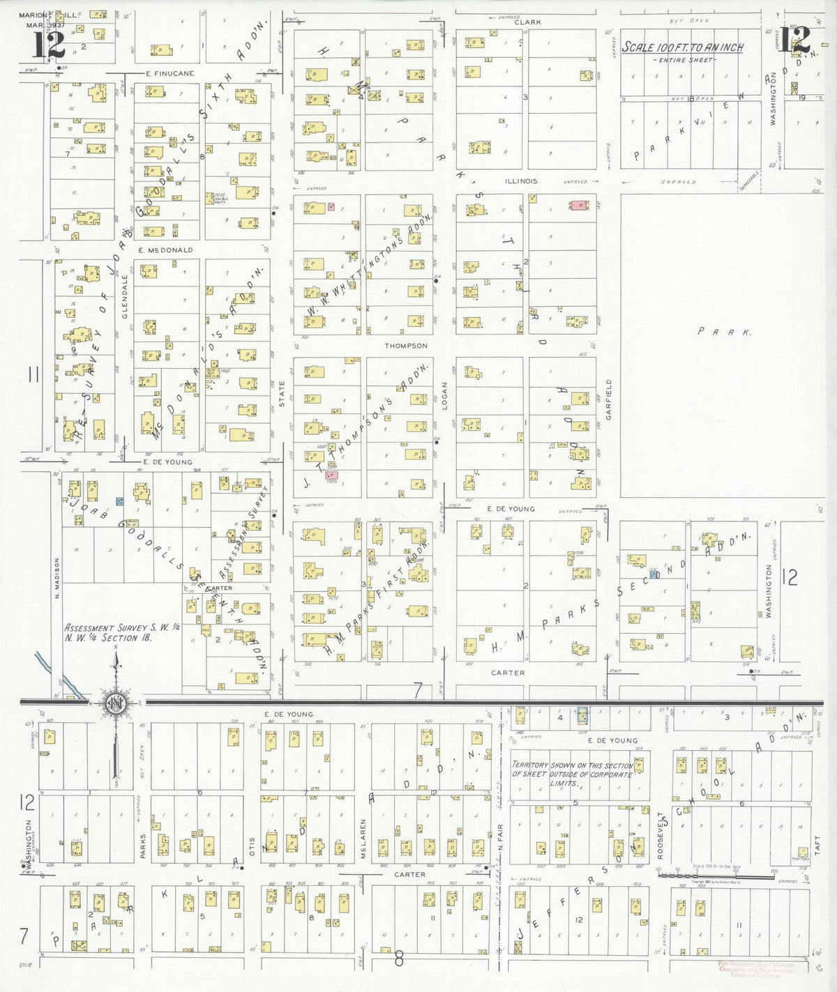 Sanborn Fire Insurance Map from Marion, Williamson County, Illinois (1937), Sheet #0012 - Historic Sanborn Fire Insurance Map Print, vintage old map wall art, antique decor, genealogy gift, Illinois Illinois map