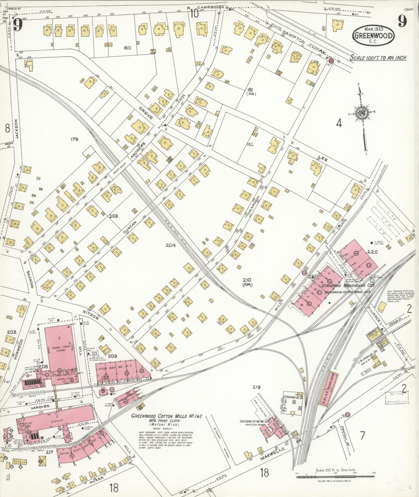 Sanborn Fire Insurance Map from Greenwood, Greenwood County, South Carolina (1923), Sheet #0009 - Complete Map Set gallery image, historic Sanborn map, vintage wall art, South Carolina South Carolina