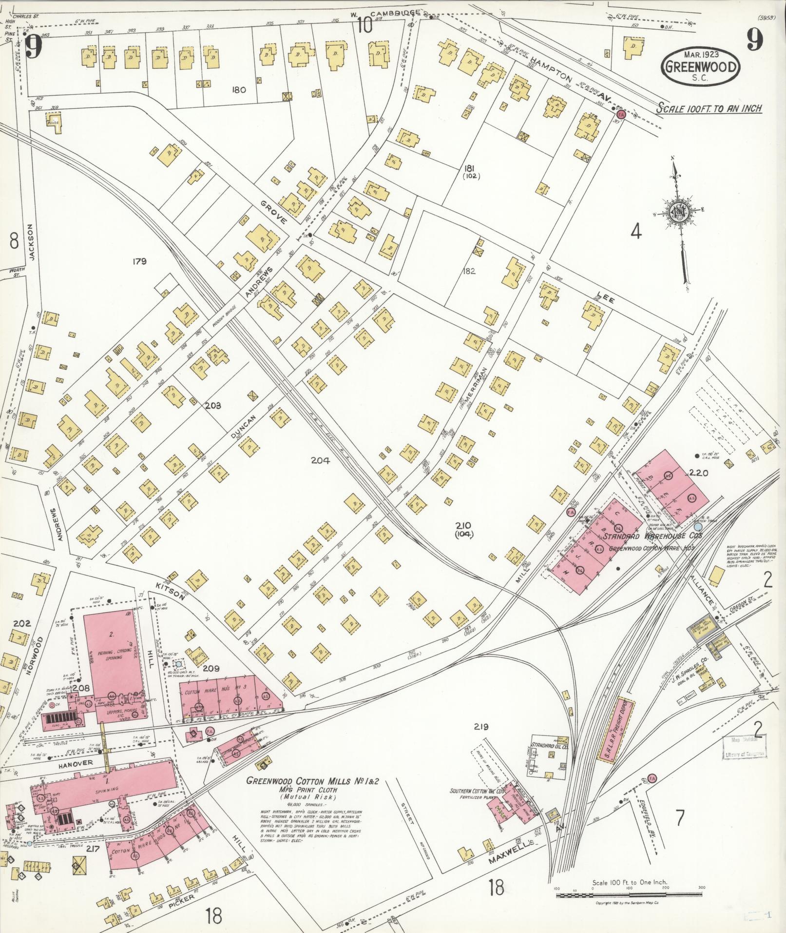 Sanborn Fire Insurance Map from Greenwood, Greenwood County, South Carolina (1923), Sheet #0009 - Complete Map Set gallery image, historic Sanborn map, vintage wall art, South Carolina South Carolina