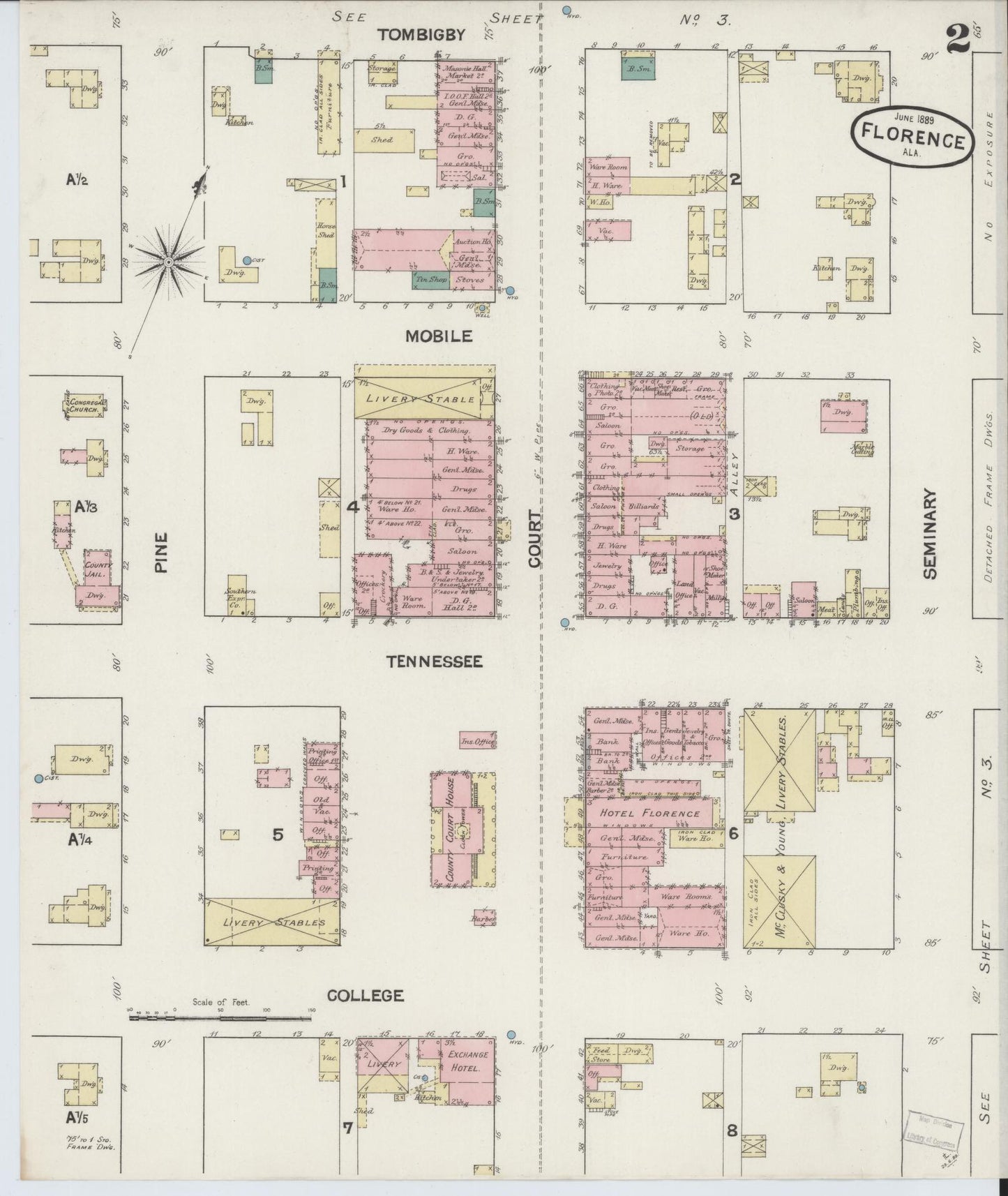 Sanborn Fire Insurance Map from Florence, Lauderdale County, Alabama (1889), Sheet #0002 - Historic Sanborn Fire Insurance Map Print, vintage old map wall art, antique decor, genealogy gift, Alabama Alabama map