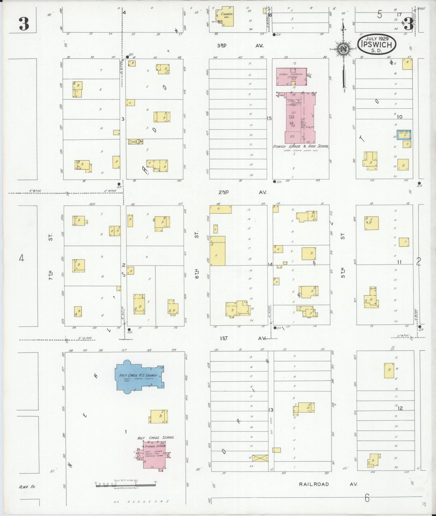 Sanborn Fire Insurance Map from Ipswich, Edmunds County, South Dakota (1929), Sheet #0003 - Complete Map Set gallery image, historic Sanborn map, vintage wall art, South Dakota South Dakota