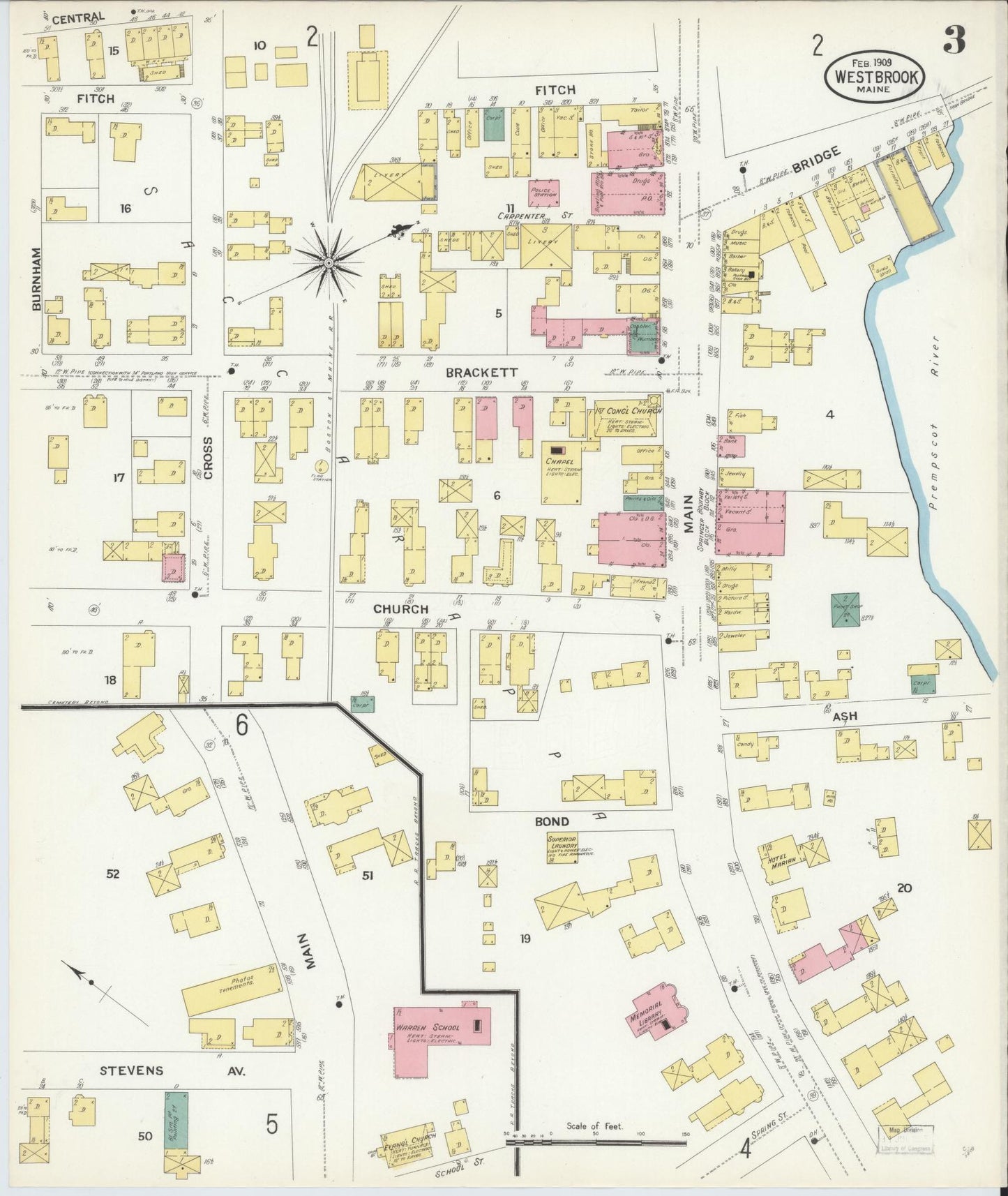 Sanborn Fire Insurance Map from Westbrook, Cumberland County, Maine (1909), Sheet #0003 - Complete Map Set gallery image, historic Sanborn map, vintage wall art, Maine Maine