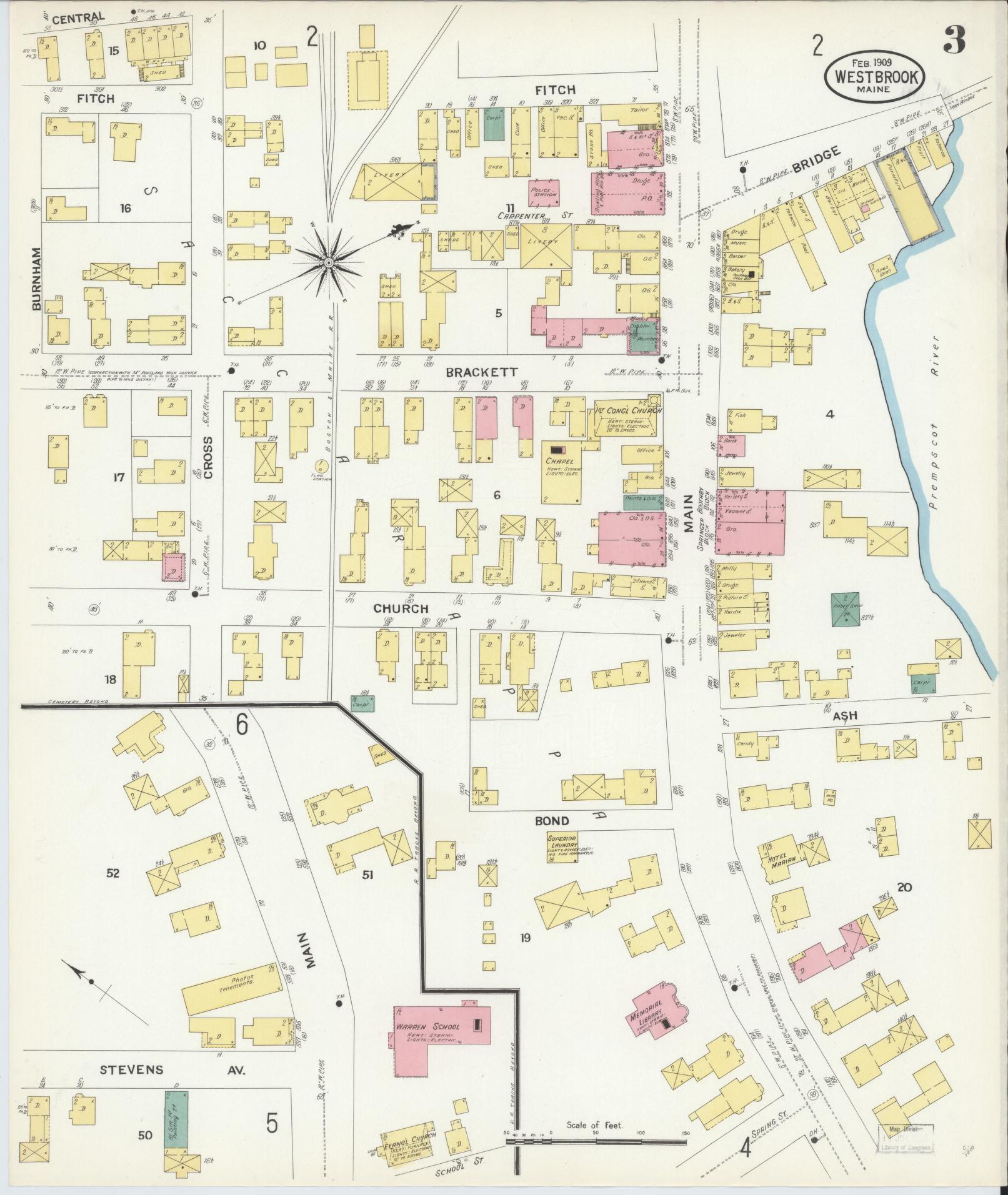 Sanborn Fire Insurance Map from Westbrook, Cumberland County, Maine (1909), Sheet #0003 - Complete Map Set gallery image, historic Sanborn map, vintage wall art, Maine Maine