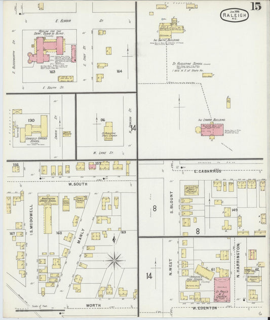 Sanborn Fire Insurance Map from Raleigh, Wake County, North Carolina (1896), Sheet #0015 - Historic Sanborn Fire Insurance Map Print, vintage old map wall art, antique decor, genealogy gift, North Carolina North Carolina map