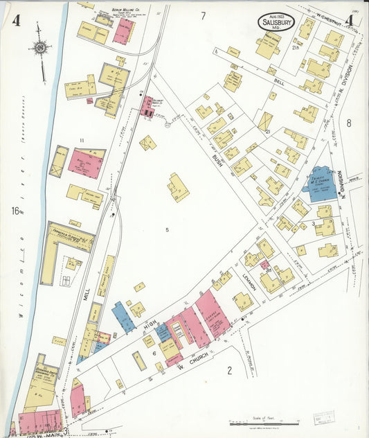 Sanborn Fire Insurance Map from Salisbury, Wicomico County, Maryland (1923), Sheet #0004 - Historic Sanborn Fire Insurance Map Print, vintage old map wall art, antique decor, genealogy gift, Maryland Maryland map