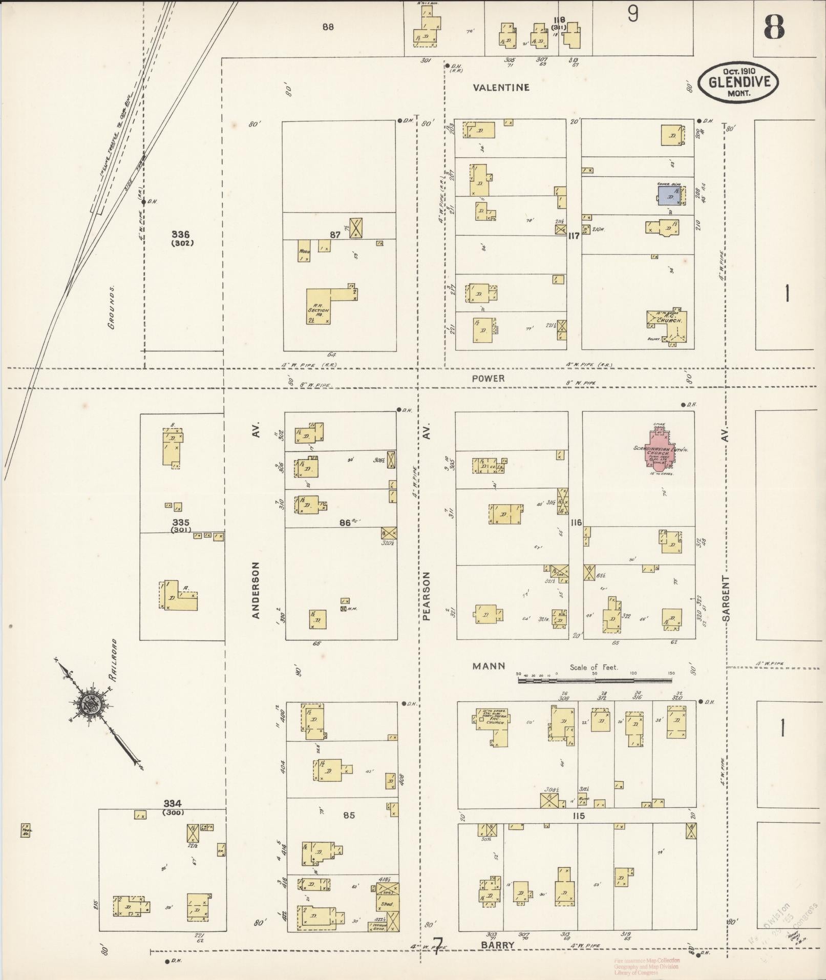 Sanborn Fire Insurance Map from Glendive, Dawson County, Montana (1910), Sheet #0008 - Historic Sanborn Fire Insurance Map Print, vintage old map wall art, antique decor, genealogy gift, Montana Montana map