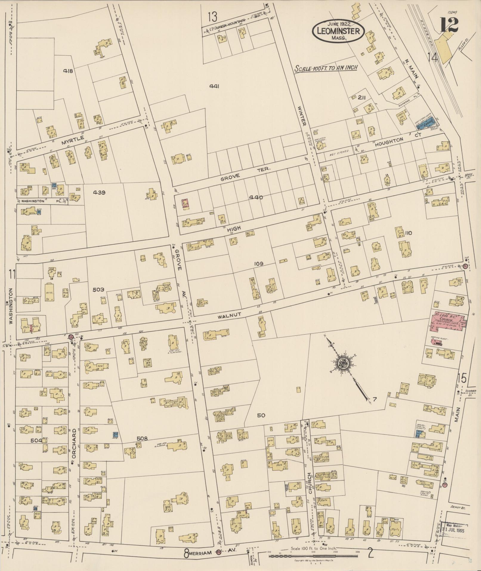 Sanborn Fire Insurance Map from Leominster, Worcester County, Massachusetts (1922), Sheet #0012 - Historic Sanborn Fire Insurance Map Print, vintage old map wall art, antique decor, genealogy gift, Massachusetts Massachusetts map