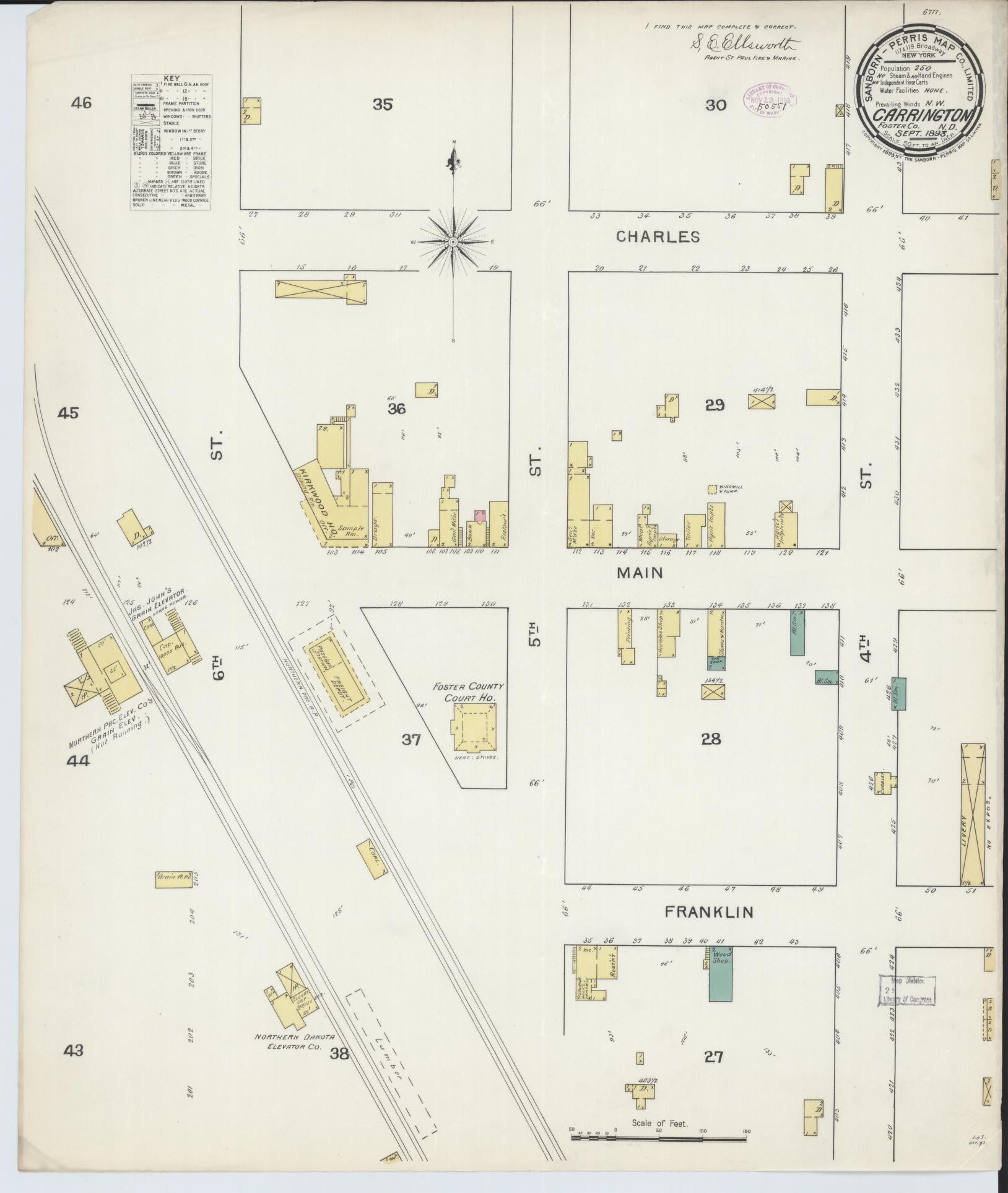 Sanborn Fire Insurance Map from Carrington, Foster County, North Dakota (1893), Sheet #0001 - Historic Sanborn Fire Insurance Map Print, vintage old map wall art, antique decor, genealogy gift, North Dakota North Dakota map