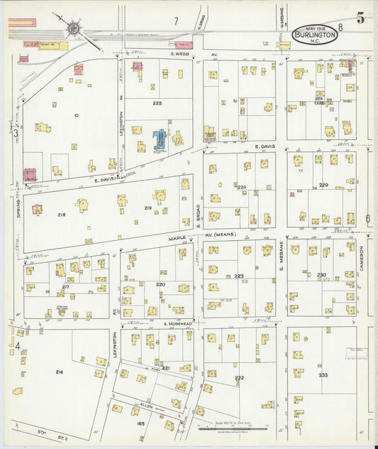 Sanborn Fire Insurance Map from Burlington, Alamance County, North Carolina (1918), Sheet #0005 - Historic Sanborn Fire Insurance Map Print, vintage old map wall art, antique decor, genealogy gift, North Carolina North Carolina map