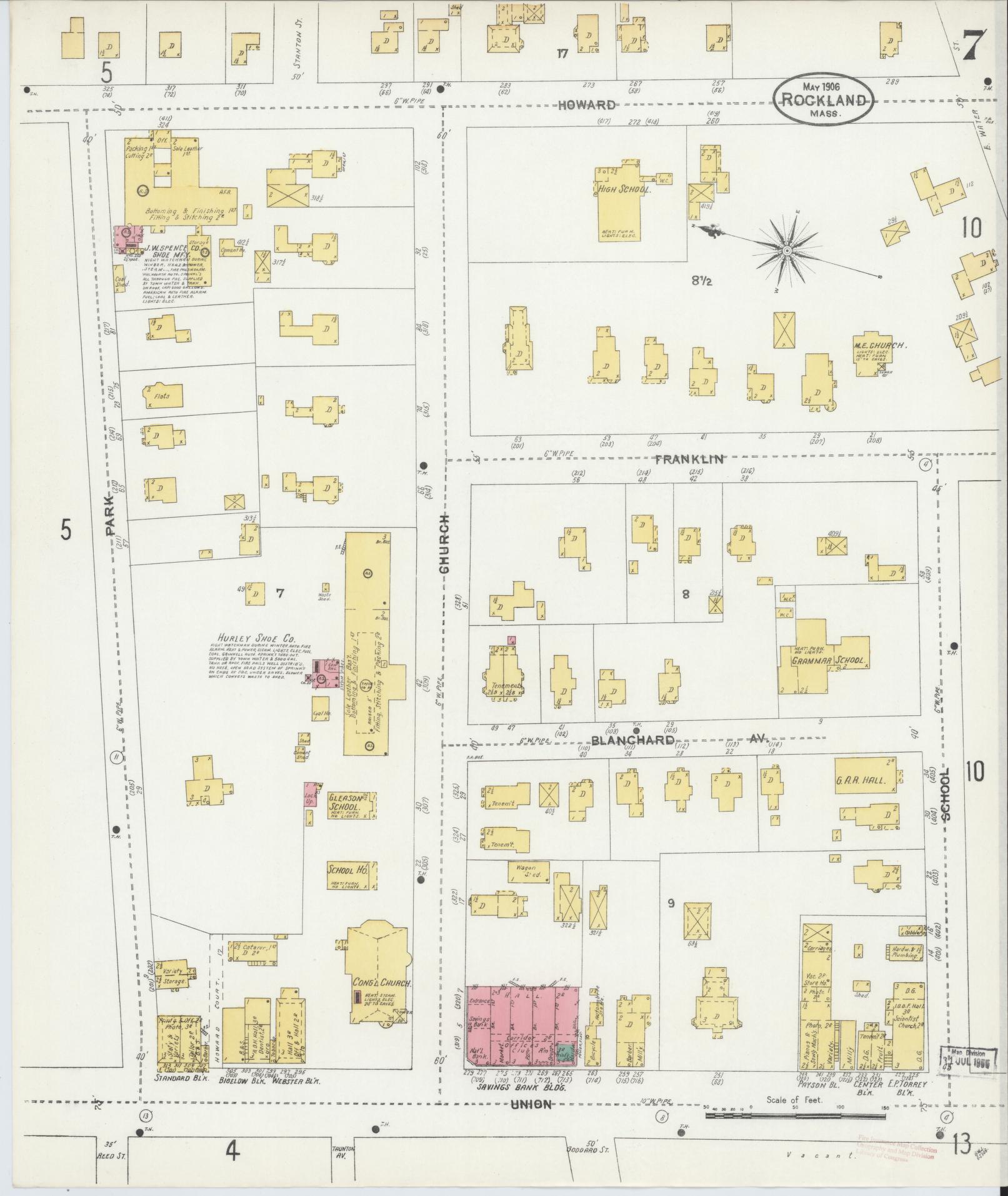 Sanborn Fire Insurance Map from Rockland, Plymouth County, Massachusetts (1906), Sheet #0007 - Complete Map Set gallery image, historic Sanborn map, vintage wall art, Massachusetts Massachusetts