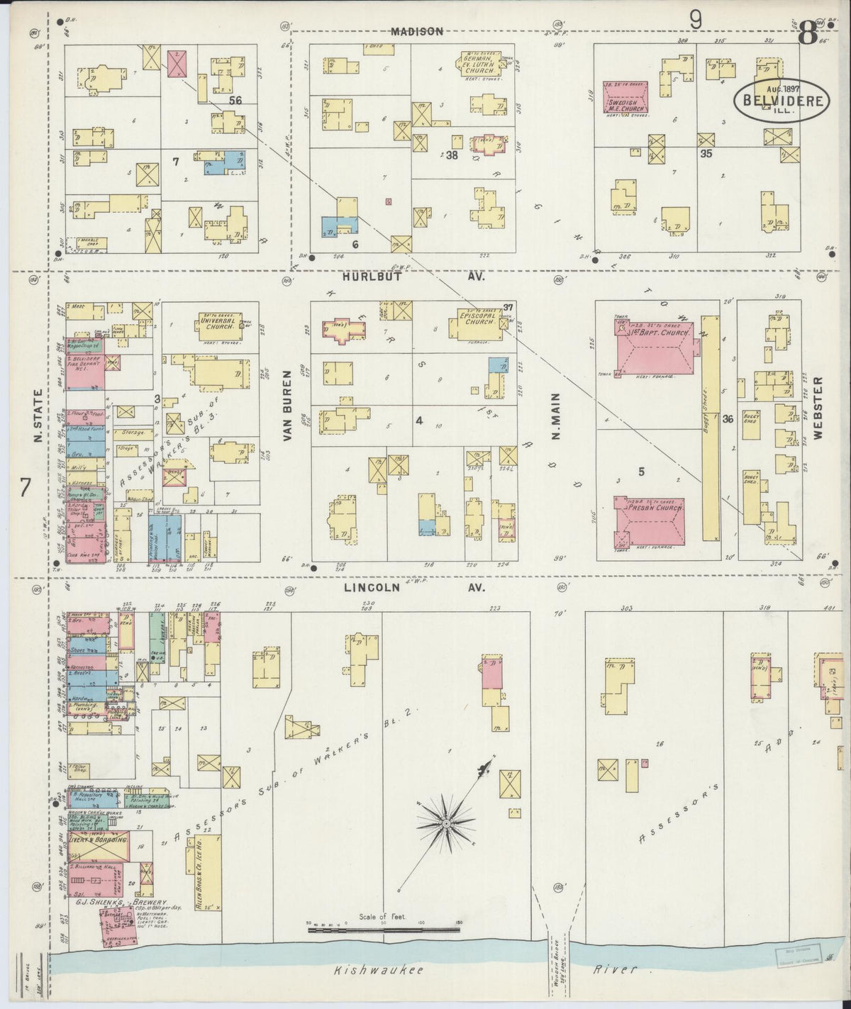 Sanborn Fire Insurance Map from Belvidere, Boone County, Illinois (1897), Sheet #0008 - Historic Sanborn Fire Insurance Map Print, vintage old map wall art, antique decor, genealogy gift, Illinois Illinois map