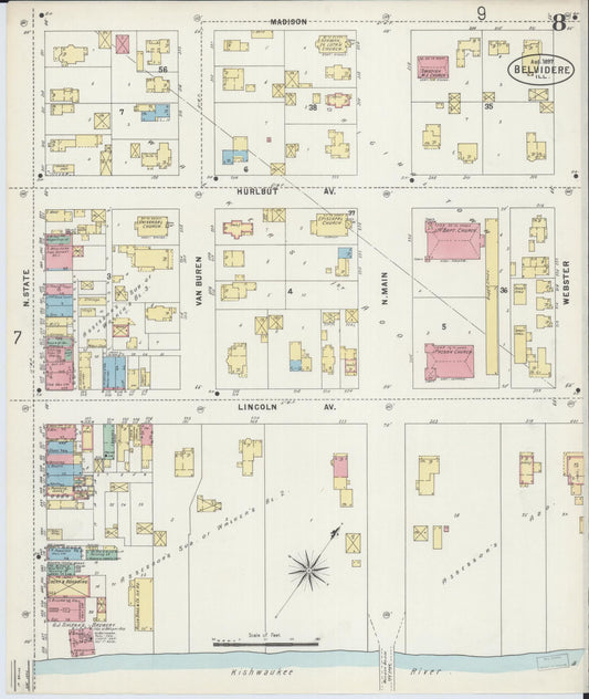 Sanborn Fire Insurance Map from Belvidere, Boone County, Illinois (1897), Sheet #0008 - Historic Sanborn Fire Insurance Map Print, vintage old map wall art, antique decor, genealogy gift, Illinois Illinois map