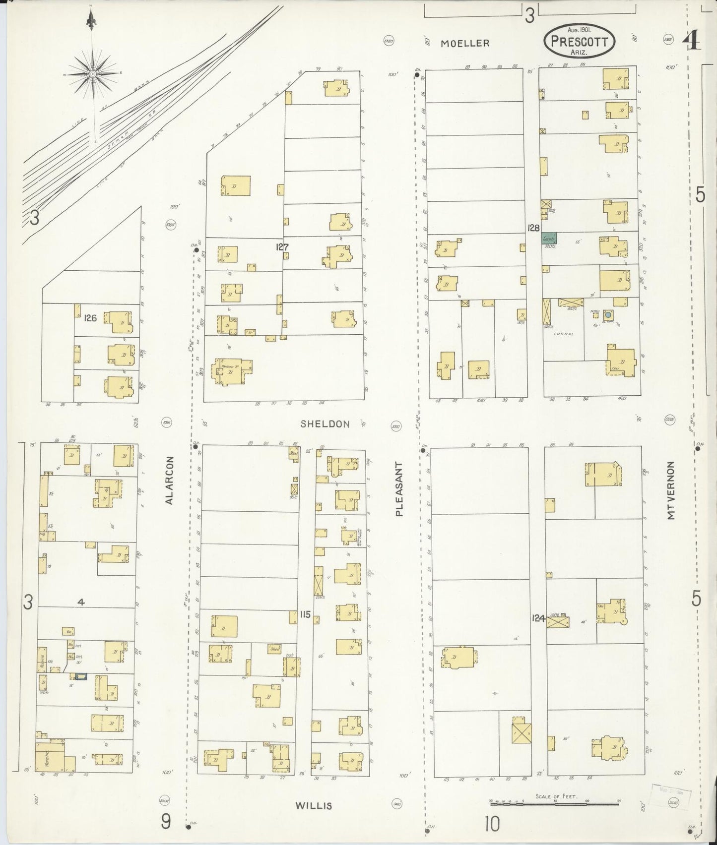 Sanborn Fire Insurance Map from Prescott, Yavapai County, Arizona (1901), Sheet #0004 - Complete Map Set gallery image, historic Sanborn map, vintage wall art, Arizona Arizona