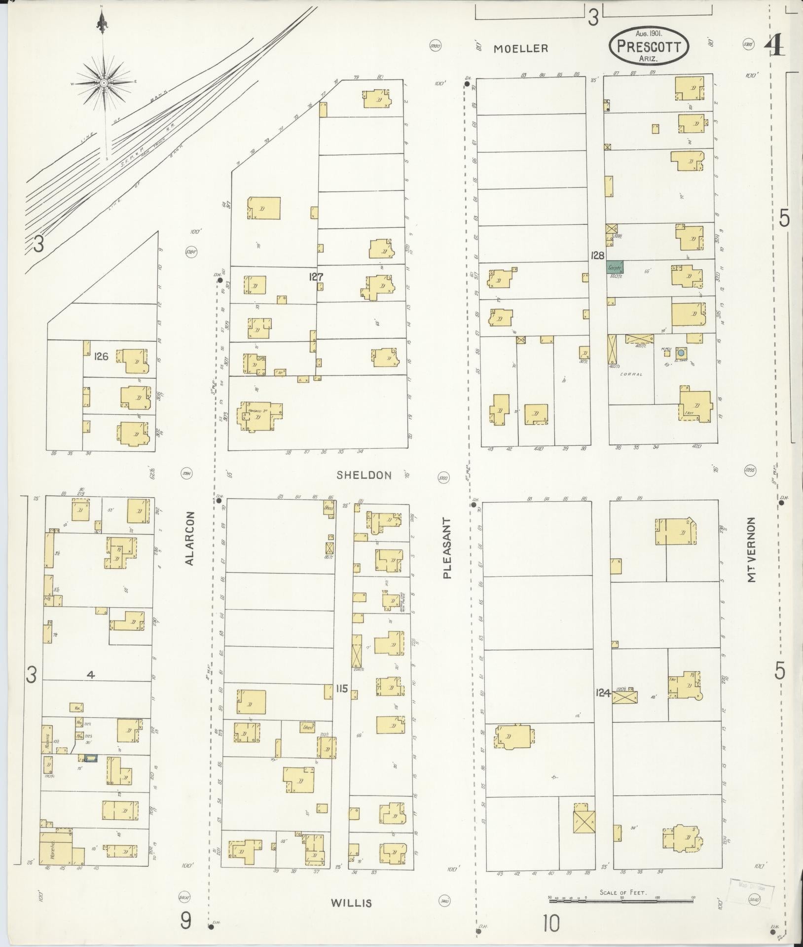 Sanborn Fire Insurance Map from Prescott, Yavapai County, Arizona (1901), Sheet #0004 - Complete Map Set gallery image, historic Sanborn map, vintage wall art, Arizona Arizona