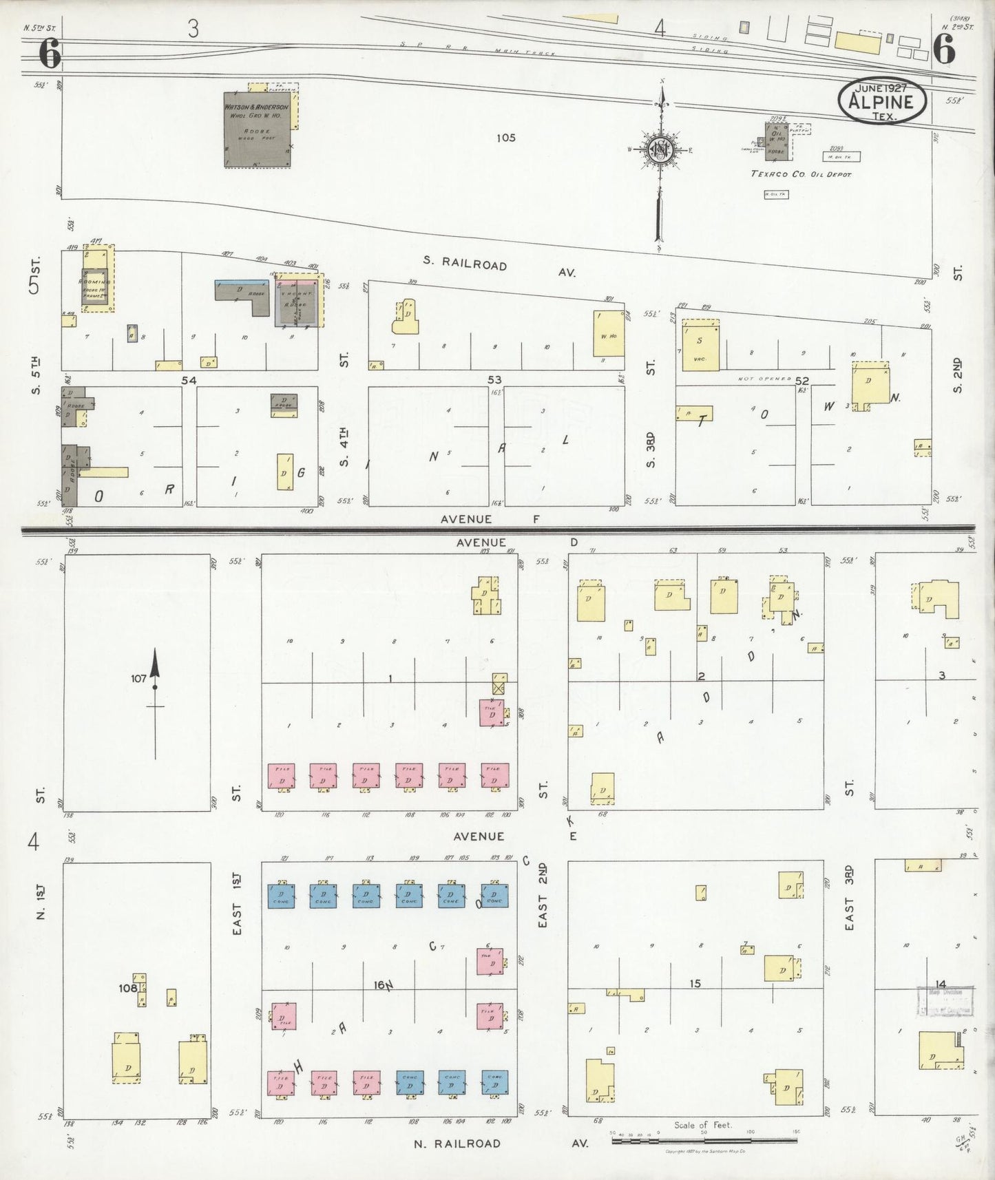 Sanborn Fire Insurance Map from Alpine, Brewster County, Texas (1927), Sheet #0006 - Historic Sanborn Fire Insurance Map Print, vintage old map wall art, antique decor, genealogy gift, Texas Texas map