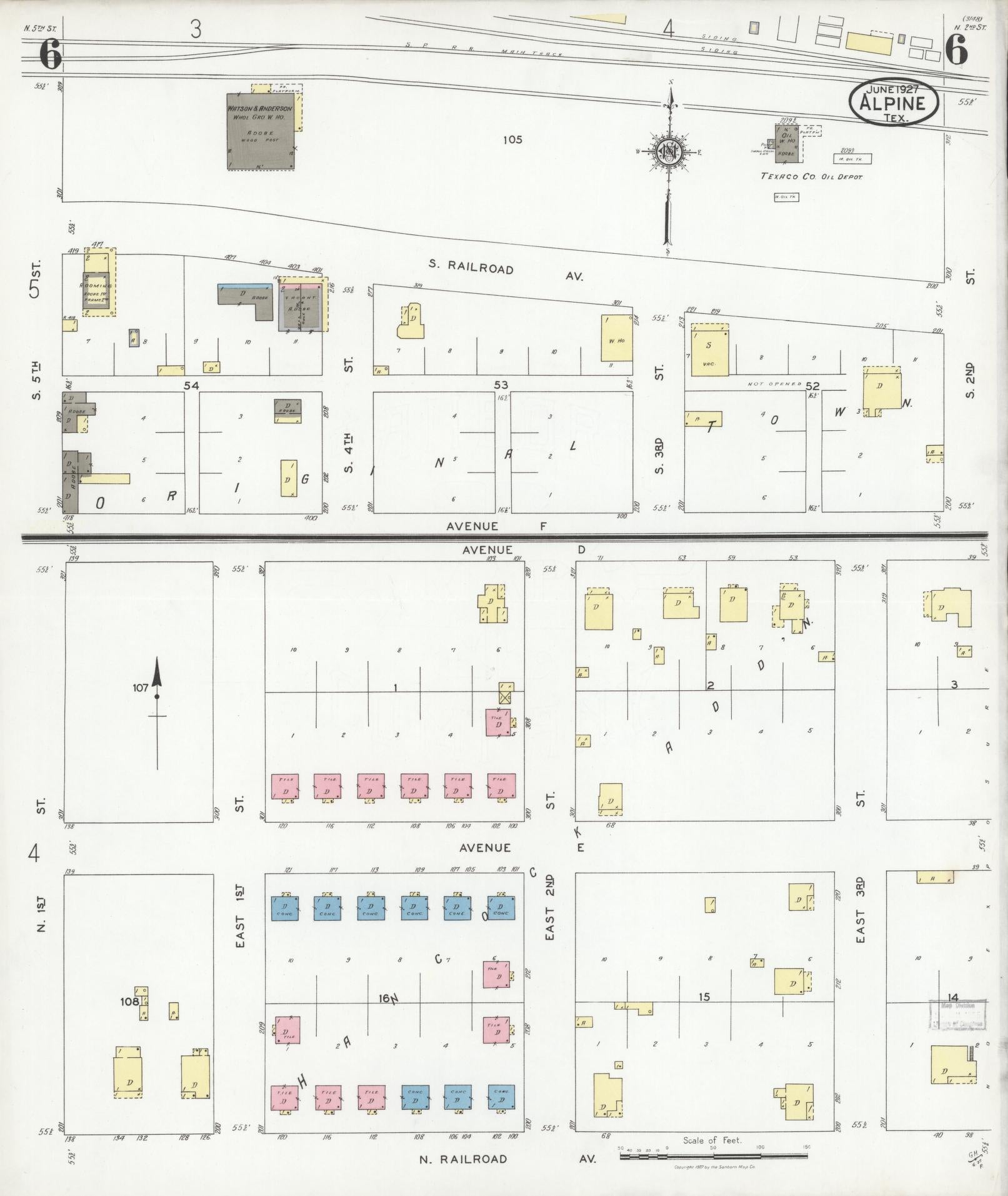 Sanborn Fire Insurance Map from Alpine, Brewster County, Texas (1927), Sheet #0006 - Historic Sanborn Fire Insurance Map Print, vintage old map wall art, antique decor, genealogy gift, Texas Texas map