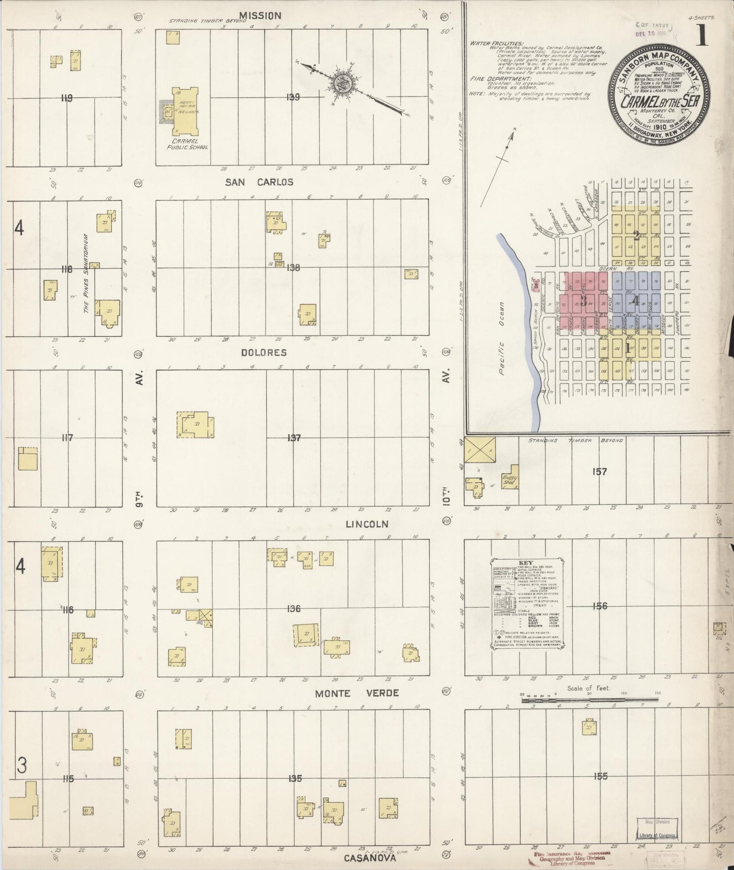Sanborn Fire Insurance Map from Carmel By The Sea, Monterey County, California (1910), Sheet #0001 - Complete Map Set gallery image, historic Sanborn map, vintage wall art, California California