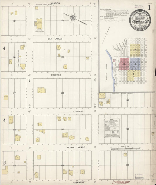 Sanborn Fire Insurance Map from Carmel By The Sea, Monterey County, California (1910), Sheet #0001 - Complete Map Set gallery image, historic Sanborn map, vintage wall art, California California