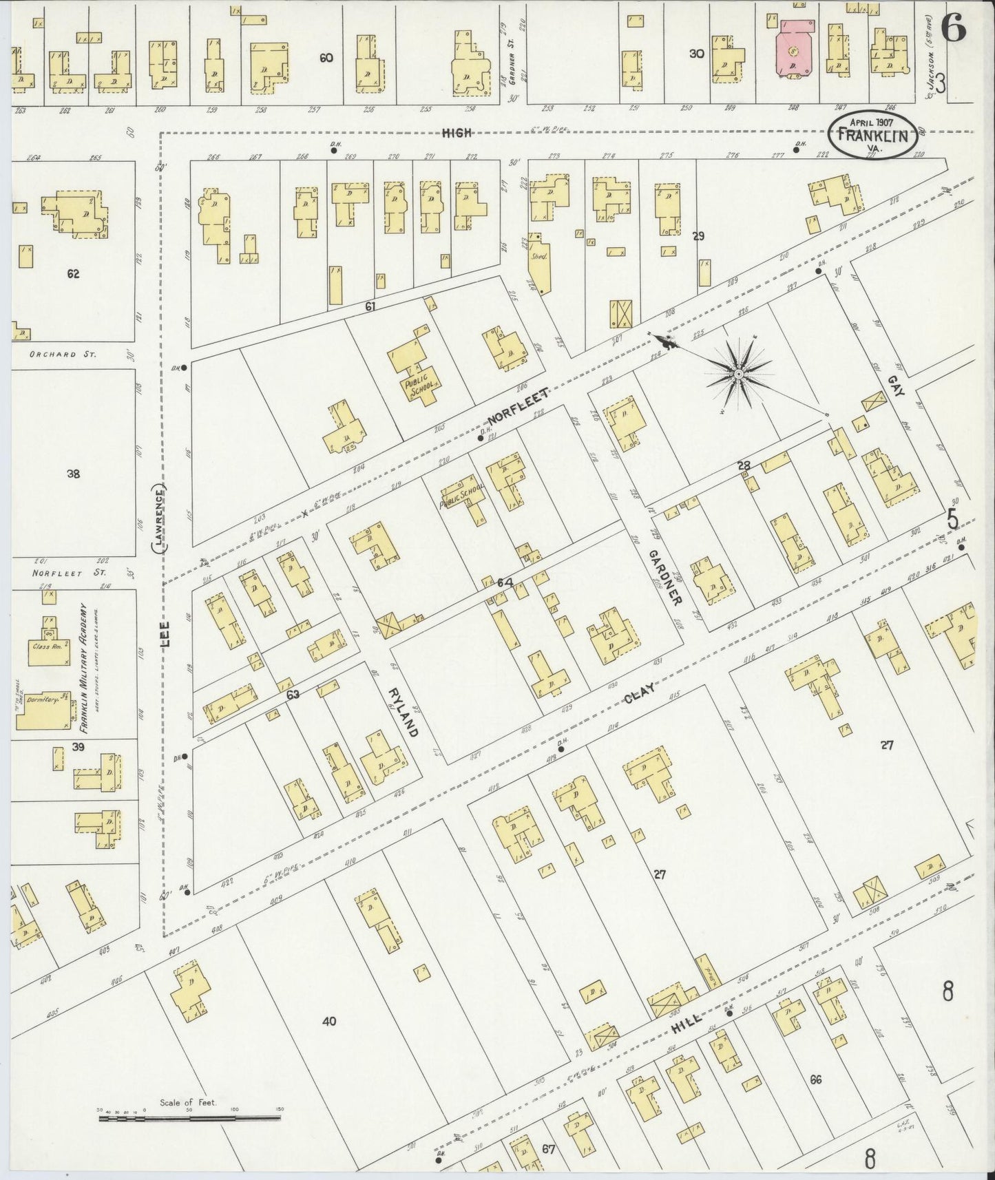 Sanborn Fire Insurance Map from Franklin, Independent Cities, Virginia (1907), Sheet #0006 - Historic Sanborn Fire Insurance Map Print, vintage old map wall art, antique decor, genealogy gift, Virginia Virginia map