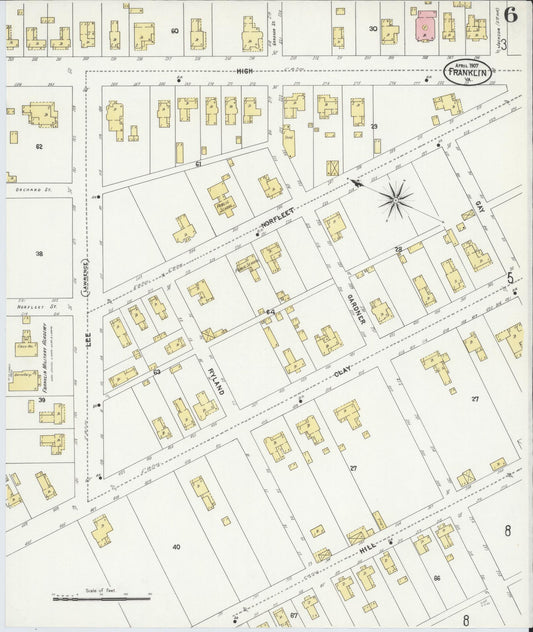 Sanborn Fire Insurance Map from Franklin, Independent Cities, Virginia (1907), Sheet #0006 - Historic Sanborn Fire Insurance Map Print, vintage old map wall art, antique decor, genealogy gift, Virginia Virginia map