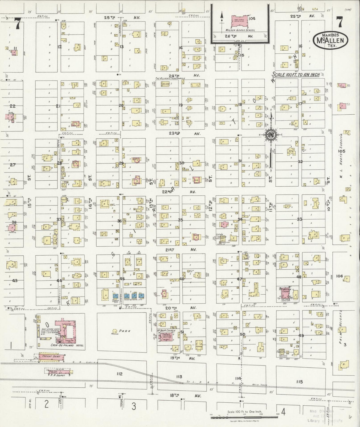 Sanborn Fire Insurance Map from McAllen, Hidalgo County, Texas (1925), Sheet #0007 - Historic Sanborn Fire Insurance Map Print, vintage old map wall art, antique decor, genealogy gift, Texas Texas map