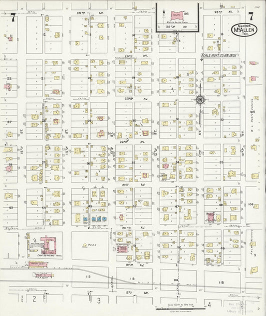 Sanborn Fire Insurance Map from McAllen, Hidalgo County, Texas (1925), Sheet #0007 - Historic Sanborn Fire Insurance Map Print, vintage old map wall art, antique decor, genealogy gift, Texas Texas map