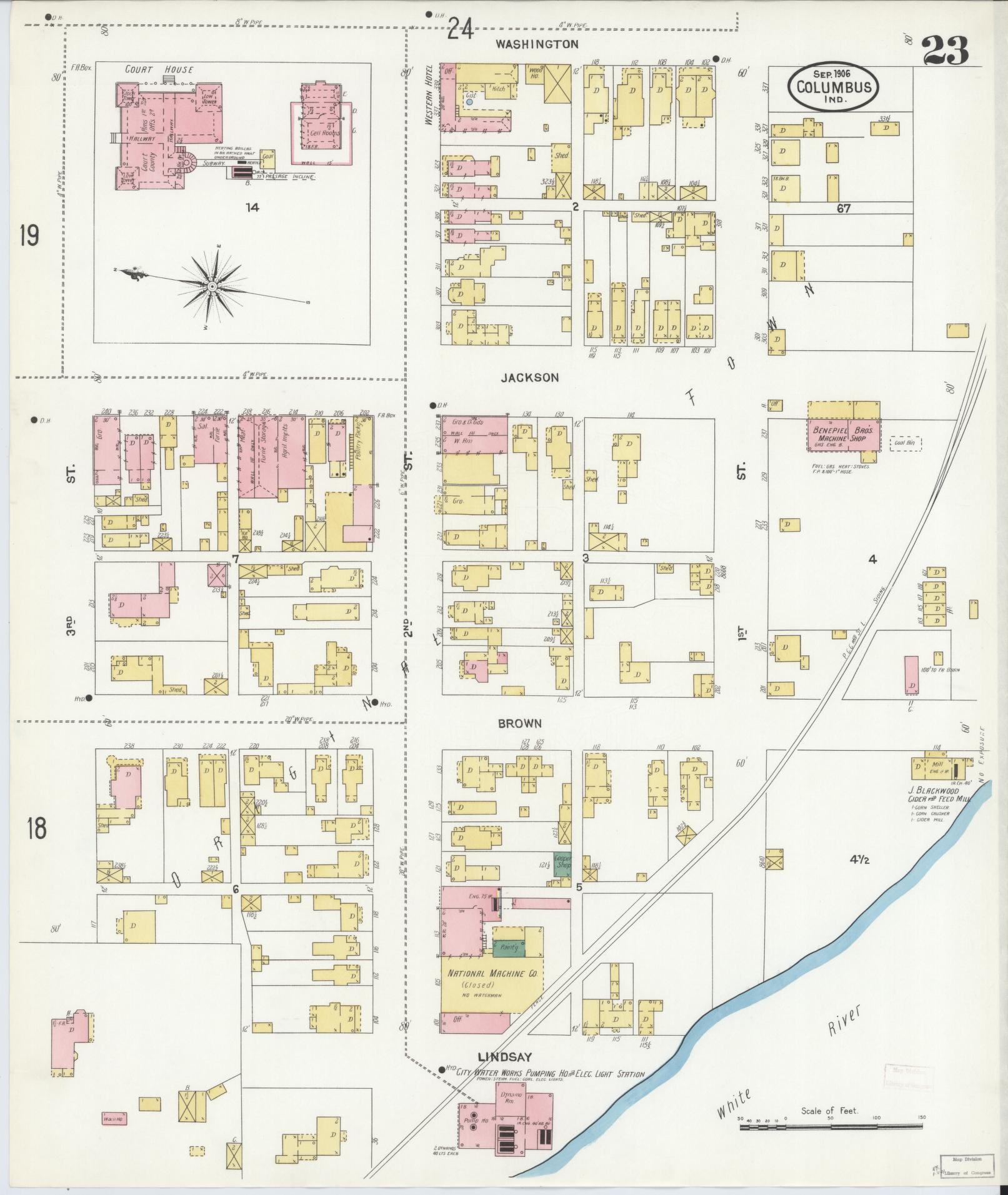 Sanborn Fire Insurance Map from Columbus, Bartholomew County, Indiana (1906), Sheet #0023 - Historic Sanborn Fire Insurance Map Print, vintage old map wall art, antique decor, genealogy gift, Indiana Indiana map