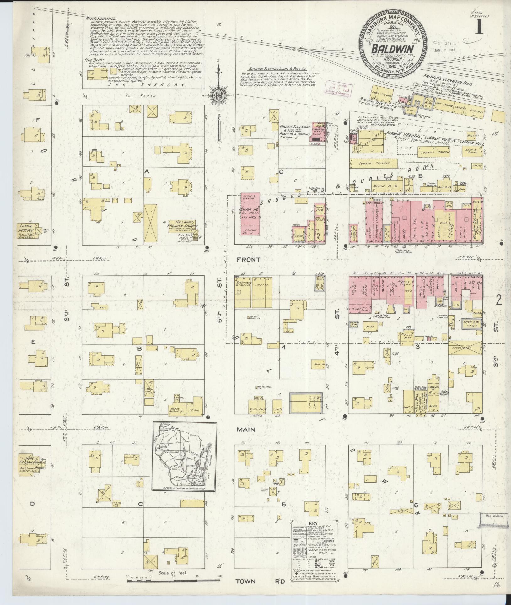 Sanborn Fire Insurance Map from Baldwin, St. Croix County, Wisconsin (1912), Sheet #0001 - Complete Map Set gallery image, historic Sanborn map, vintage wall art, Wisconsin Wisconsin