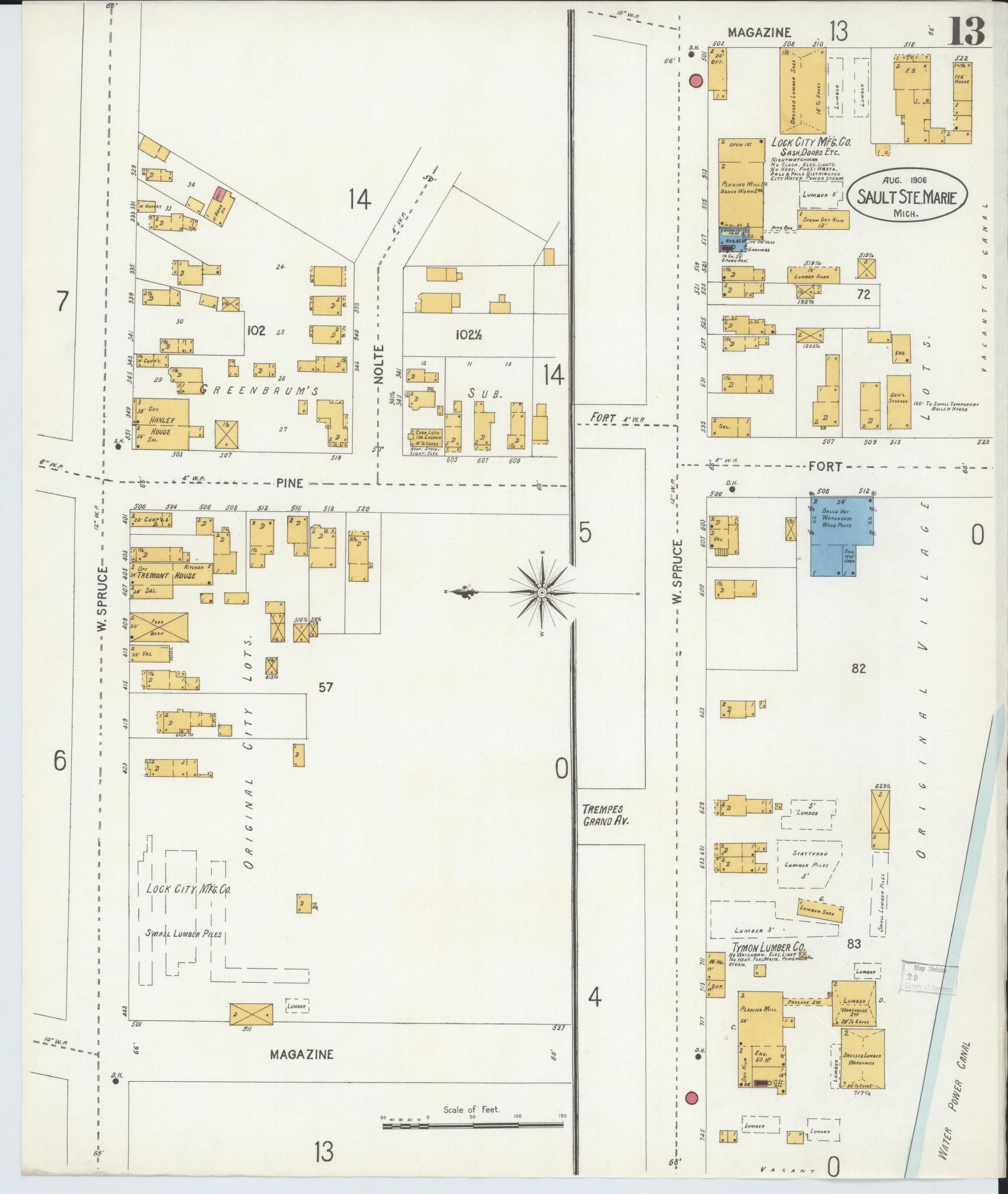Sanborn Fire Insurance Map from Sault Sainte Marie, Chippewa County, Michigan (1906), Sheet #0013 - Complete Map Set gallery image, historic Sanborn map, vintage wall art, Michigan Michigan