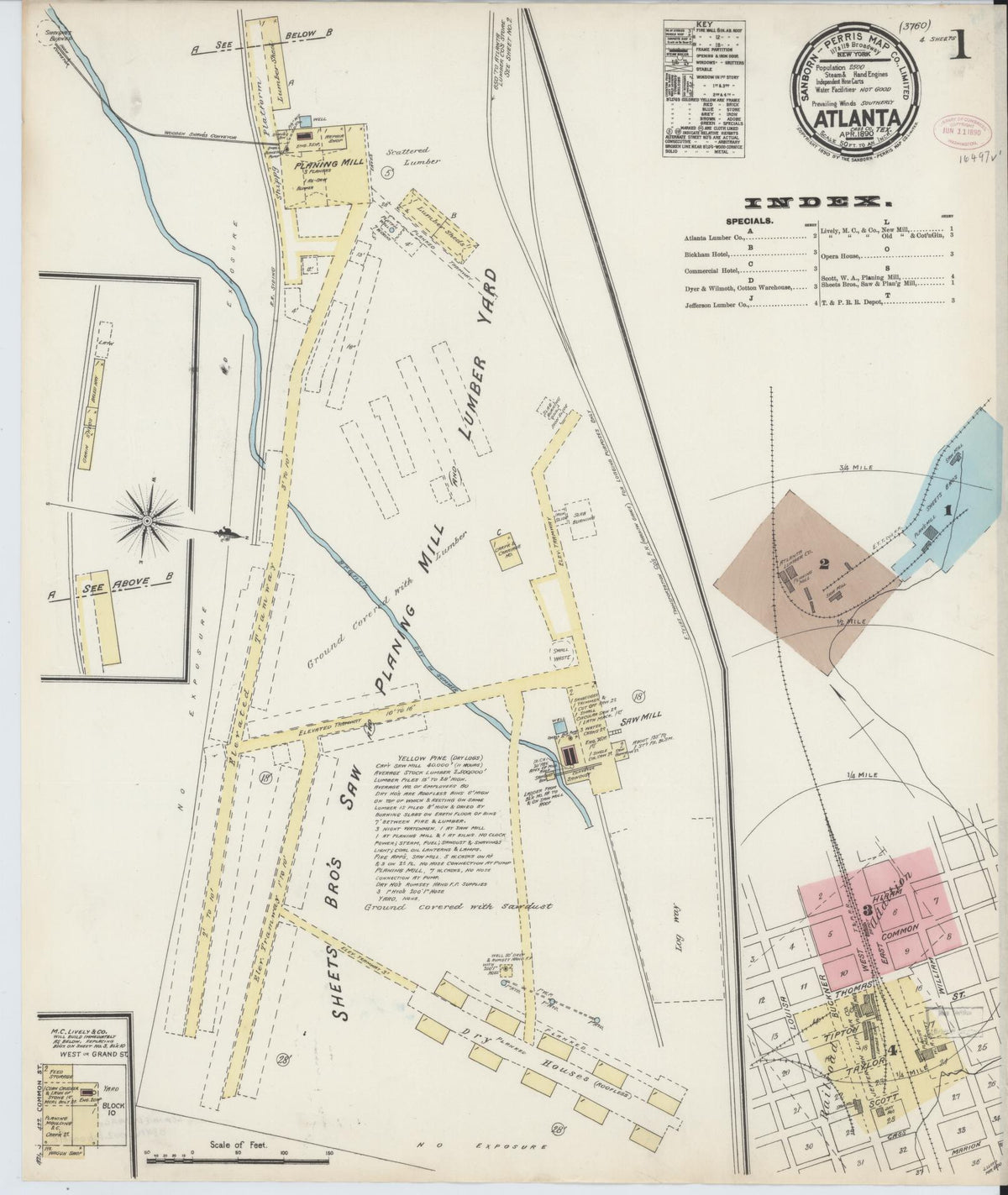 Sanborn Fire Insurance Map from Atlanta, Cass County, Texas (1890), Sheet #0001 - Historic Sanborn Fire Insurance Map Print, vintage old map wall art, antique decor, genealogy gift, Texas Texas map