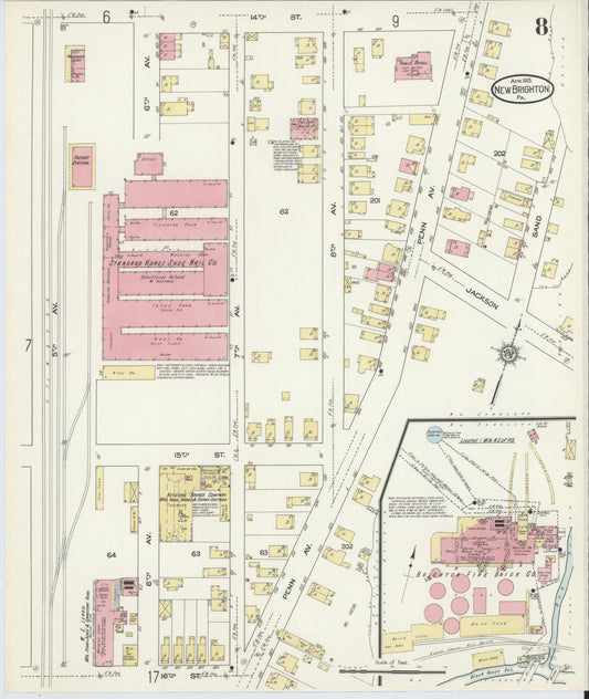 Sanborn Fire Insurance Map from New Brighton, Beaver County, Pennsylvania (1913), Sheet #0008 - Historic Sanborn Fire Insurance Map Print, vintage old map wall art, antique decor, genealogy gift, Pennsylvania Pennsylvania map