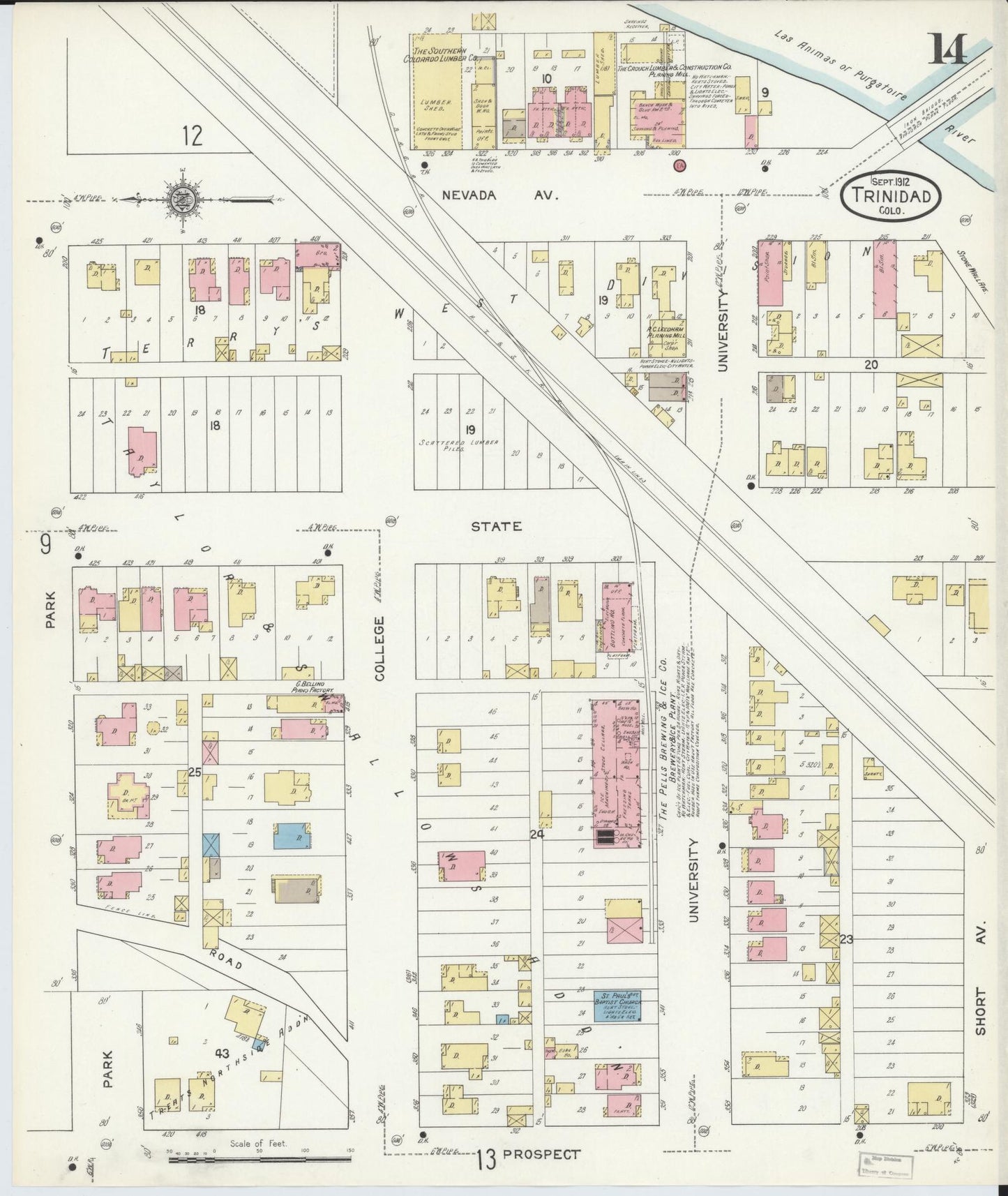 Sanborn Fire Insurance Map from Trinidad, Las Animas County, Colorado (1912), Sheet #0014 - Complete Map Set gallery image, historic Sanborn map, vintage wall art, Colorado Colorado