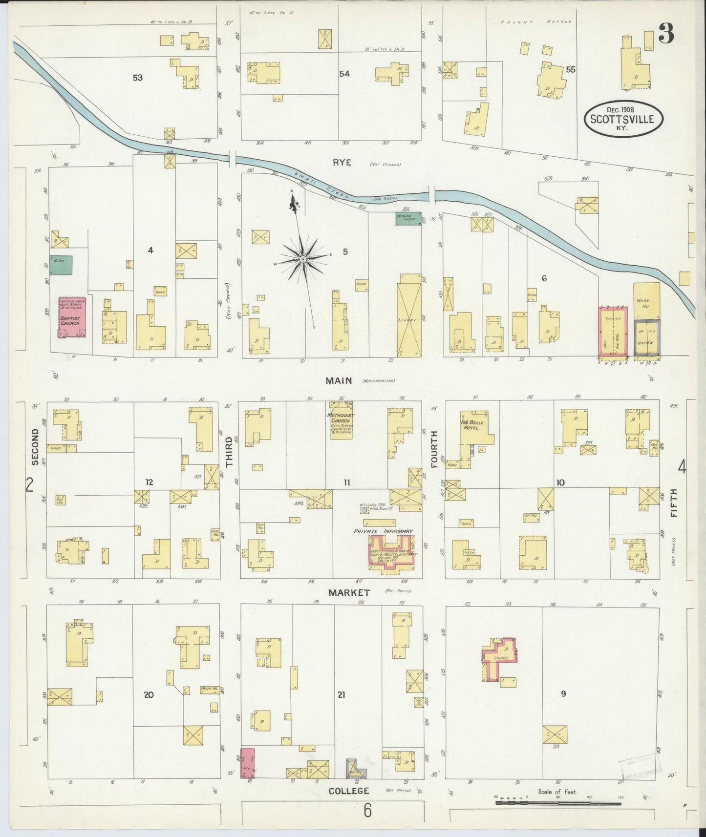 Sanborn Fire Insurance Map from Scottsville, Allen County, Kentucky (1908), Sheet #0003 - Historic Sanborn Fire Insurance Map Print, vintage old map wall art, antique decor, genealogy gift, Kentucky Kentucky map