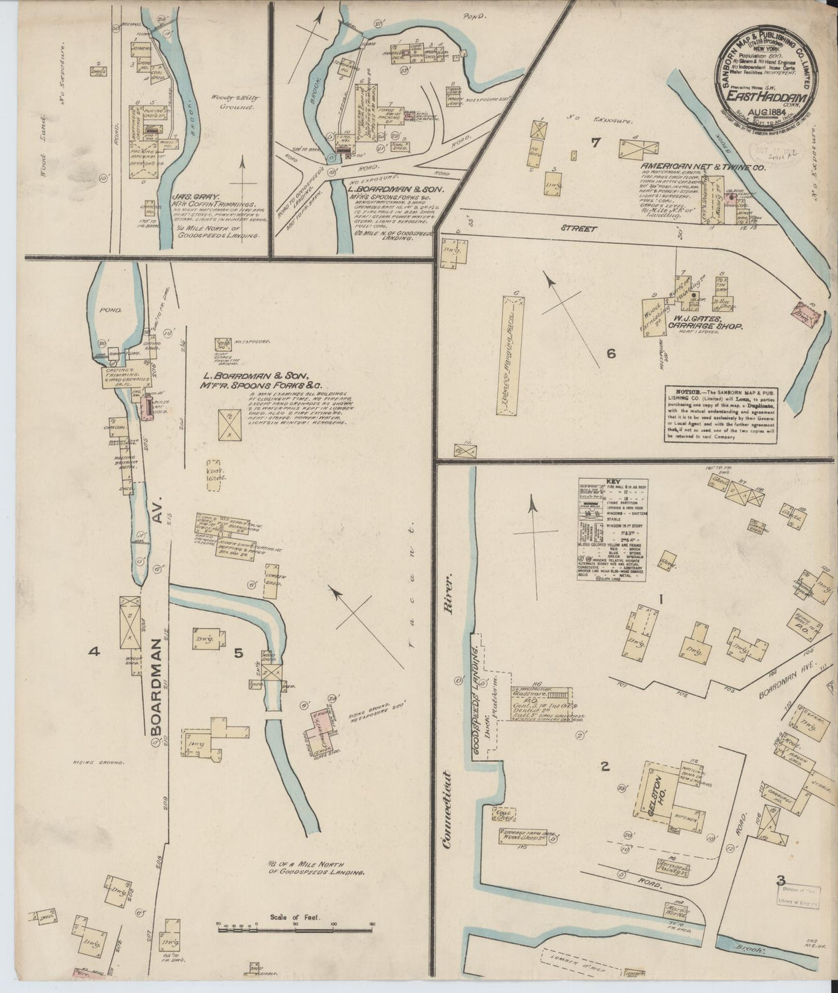 Sanborn Fire Insurance Map from East Haddam, Middlesex County, Connecticut (1884), Sheet #0001 - Historic Sanborn Fire Insurance Map Print, vintage old map wall art, antique decor, genealogy gift, Connecticut Connecticut map