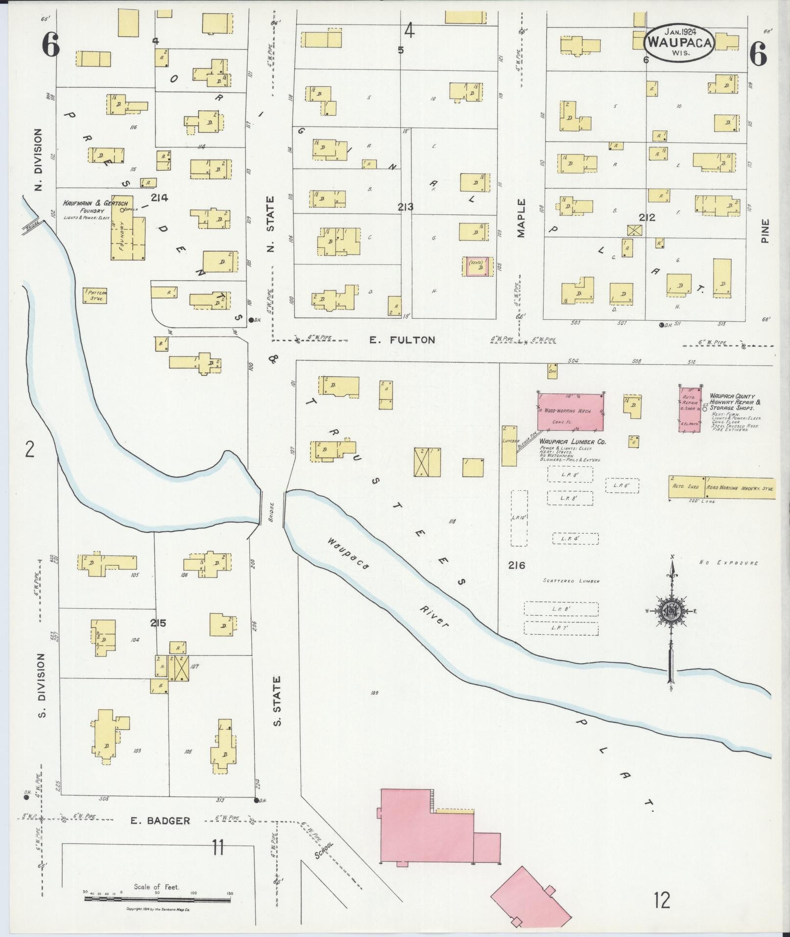 Sanborn Fire Insurance Map from Waupaca, Waupaca County, Wisconsin (1924), Sheet #0006 - Historic Sanborn Fire Insurance Map Print, vintage old map wall art, antique decor, genealogy gift, Wisconsin Wisconsin map