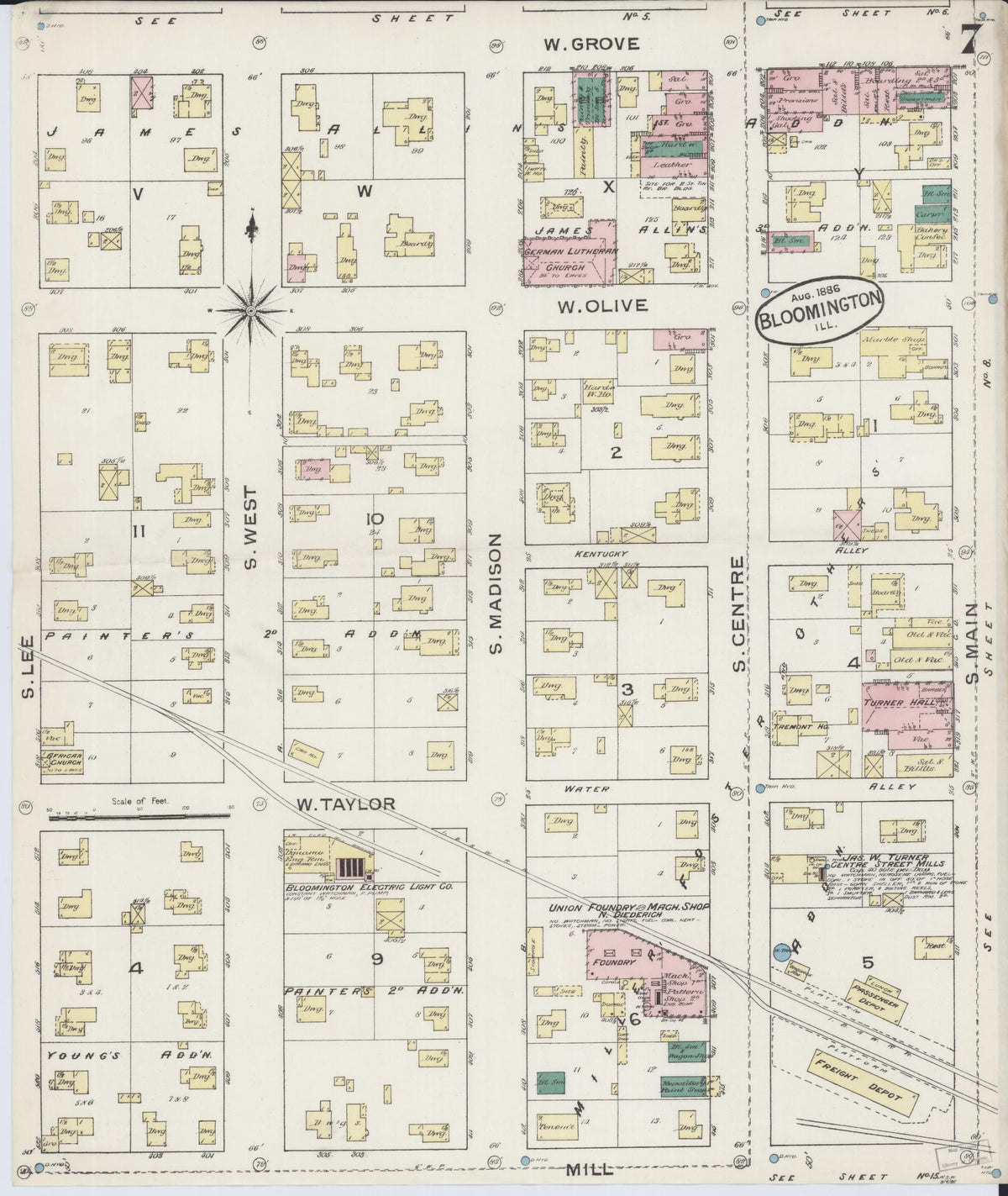 Sanborn Fire Insurance Map from Bloomington, McLean County, Illinois (1886), Sheet #0007 - Historic Sanborn Fire Insurance Map Print, vintage old map wall art, antique decor, genealogy gift, Illinois Illinois map