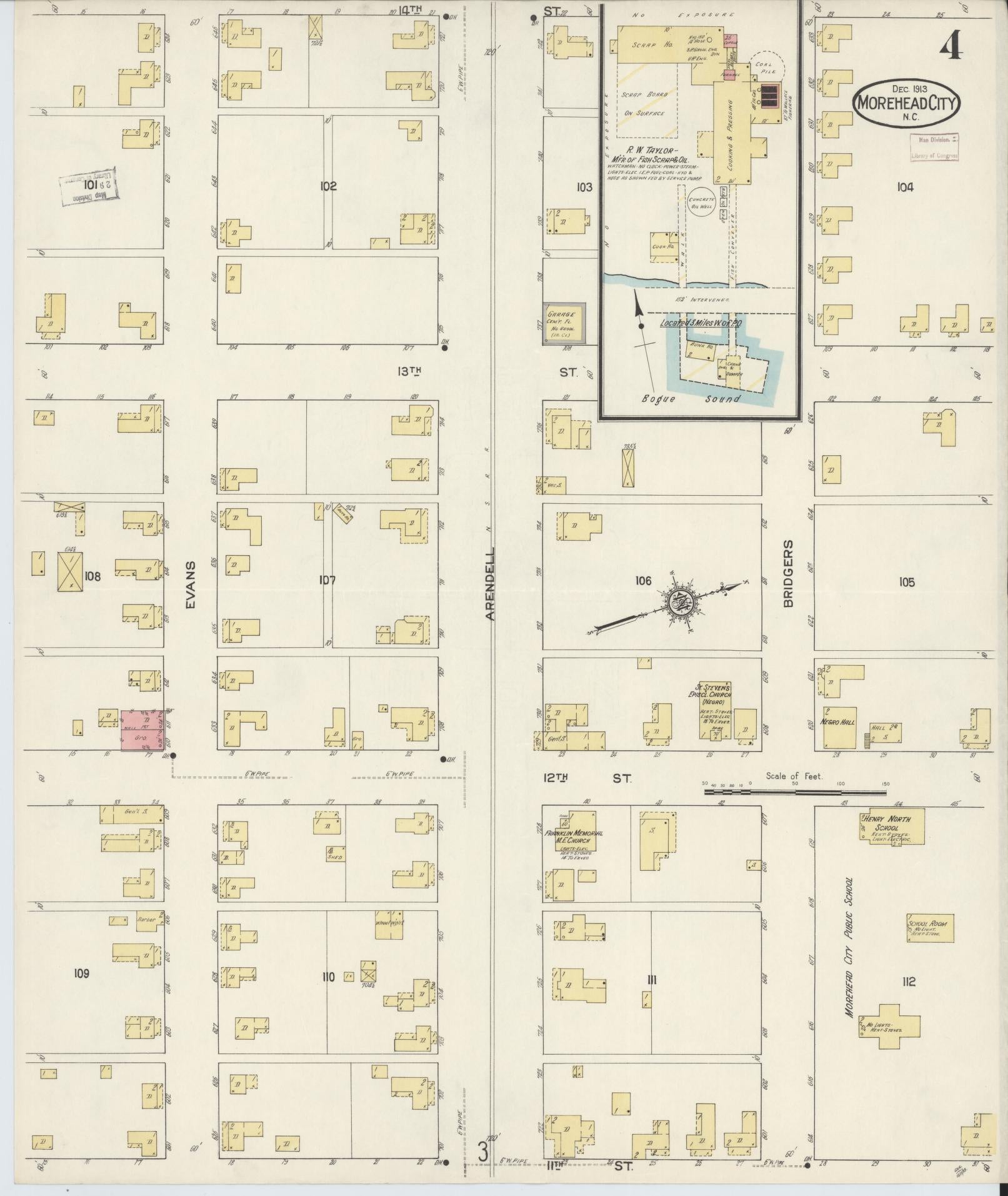 Sanborn Fire Insurance Map from Morehead City, Carteret County, North Carolina (1913), Sheet #0004 - Complete Map Set gallery image, historic Sanborn map, vintage wall art, North Carolina North Carolina