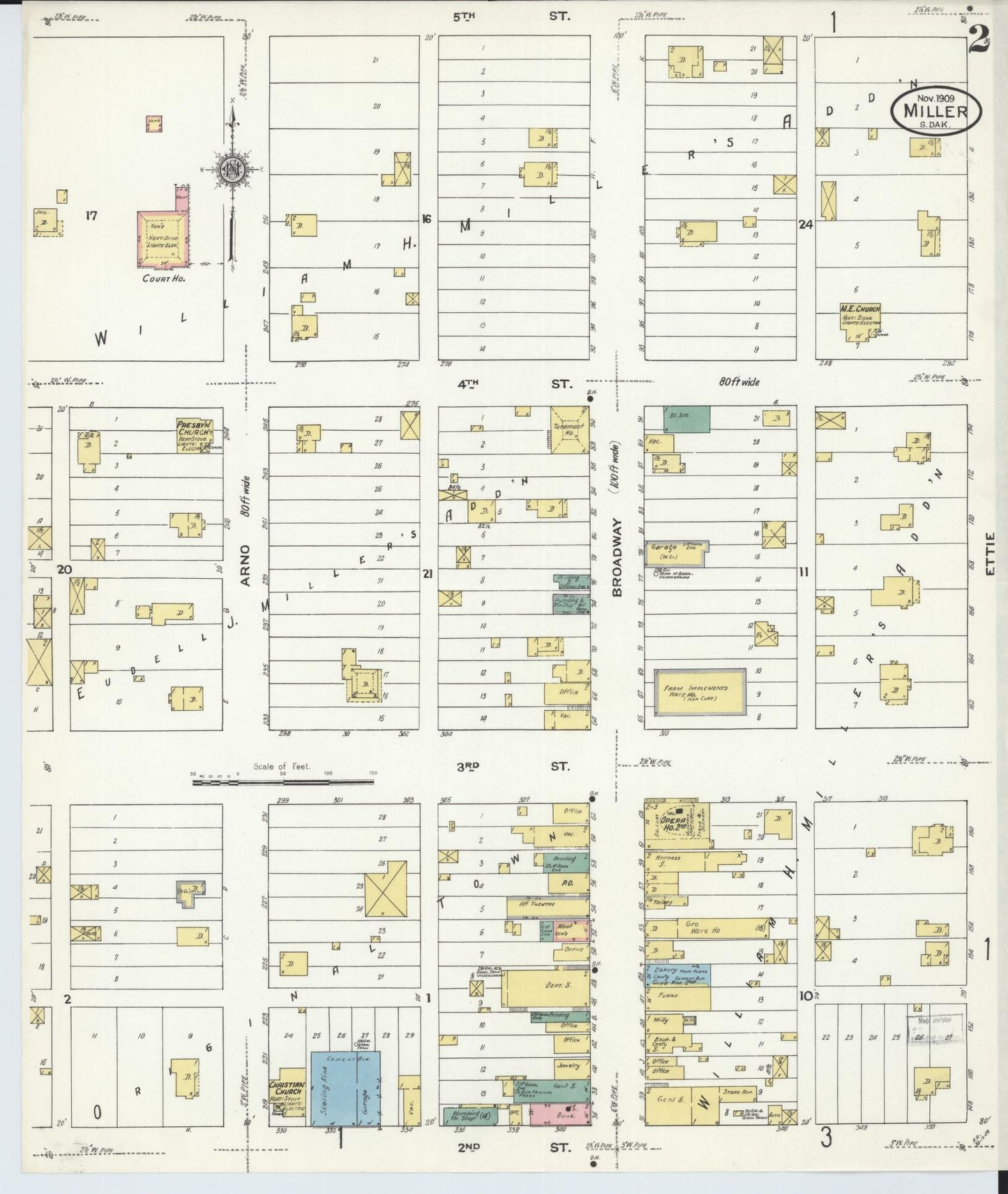 Sanborn Fire Insurance Map from Miller, Hand County, South Dakota (1909), Sheet #0002 - Complete Map Set gallery image, historic Sanborn map, vintage wall art, South Dakota South Dakota