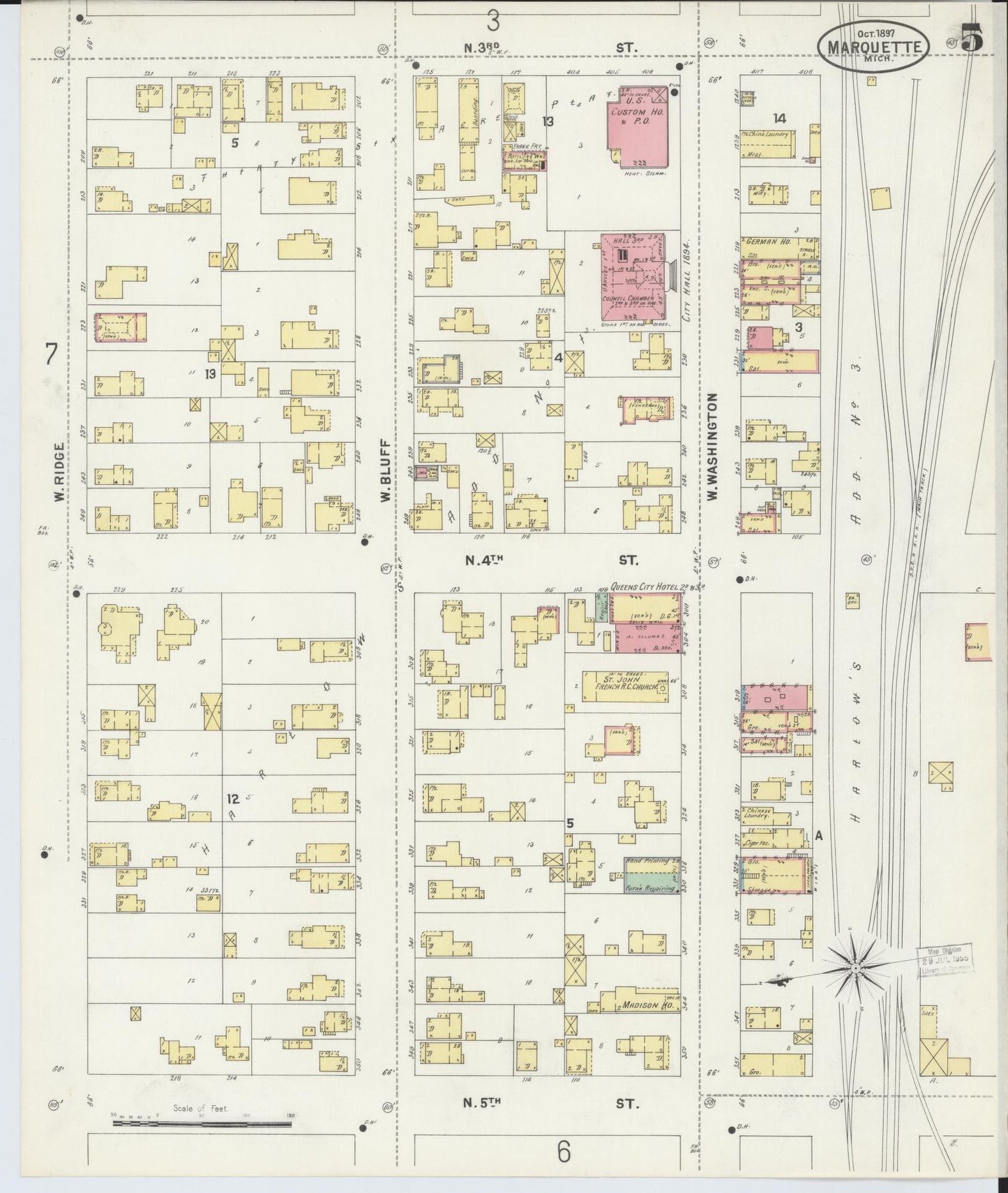 Sanborn Fire Insurance Map from Marquette, Marquette County, Michigan (1897), Sheet #0005 - Historic Sanborn Fire Insurance Map Print, vintage old map wall art, antique decor, genealogy gift, Michigan Michigan map