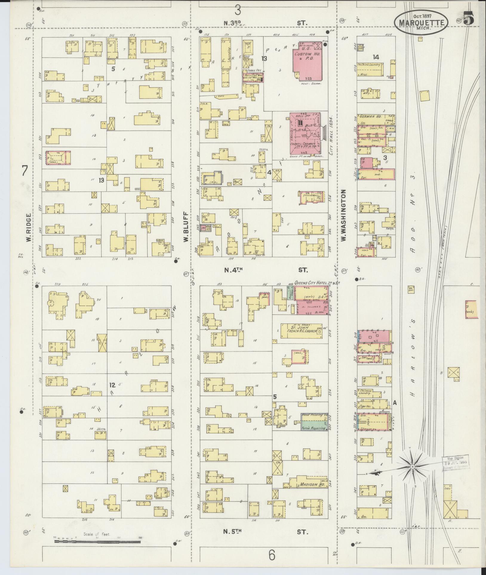 Sanborn Fire Insurance Map from Marquette, Marquette County, Michigan (1897), Sheet #0005 - Historic Sanborn Fire Insurance Map Print, vintage old map wall art, antique decor, genealogy gift, Michigan Michigan map