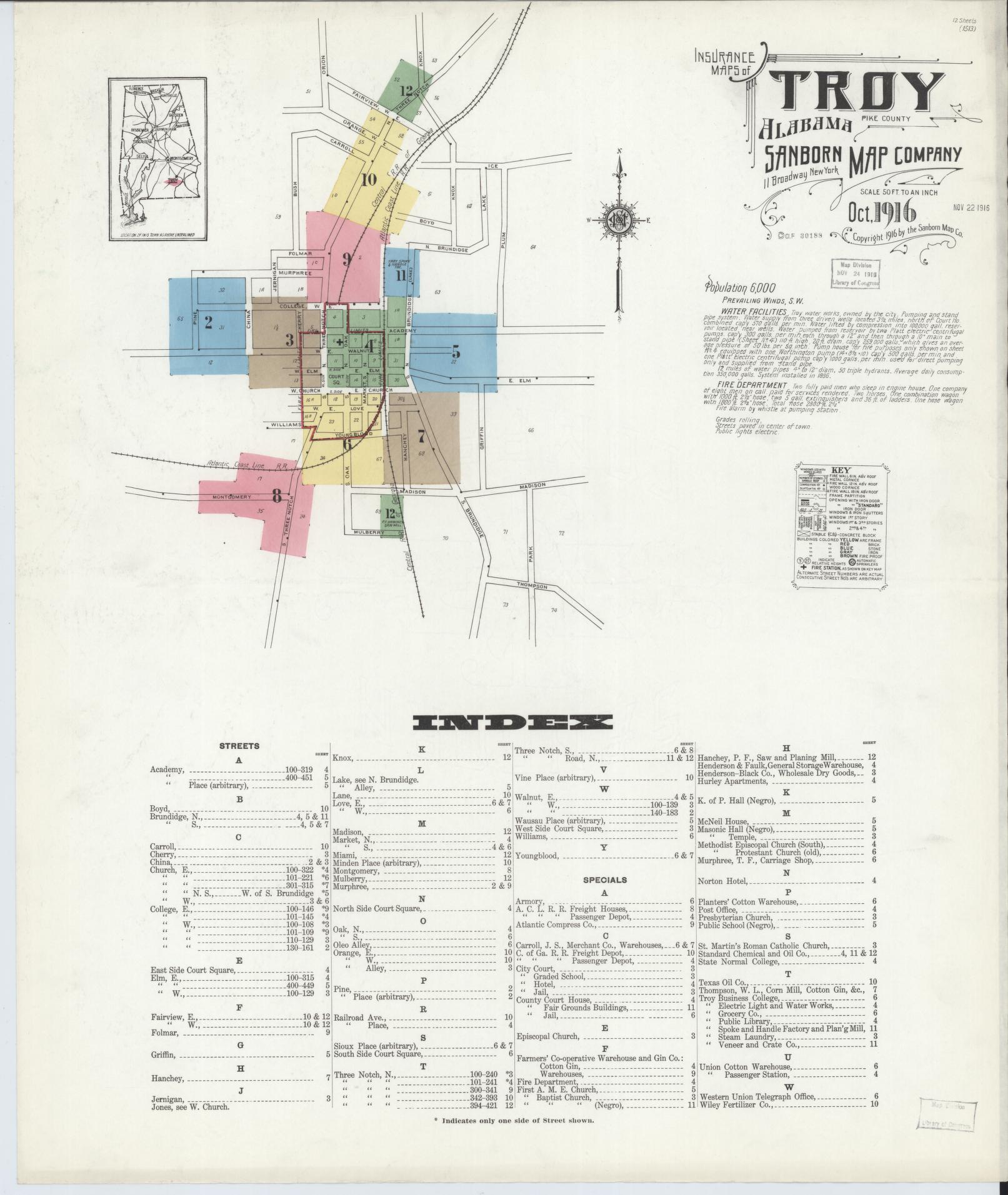 Sanborn Fire Insurance Map from Troy, Pike County, Alabama (1916), Sheet #0001 - Complete Map Set gallery image, historic Sanborn map, vintage wall art, Alabama Alabama