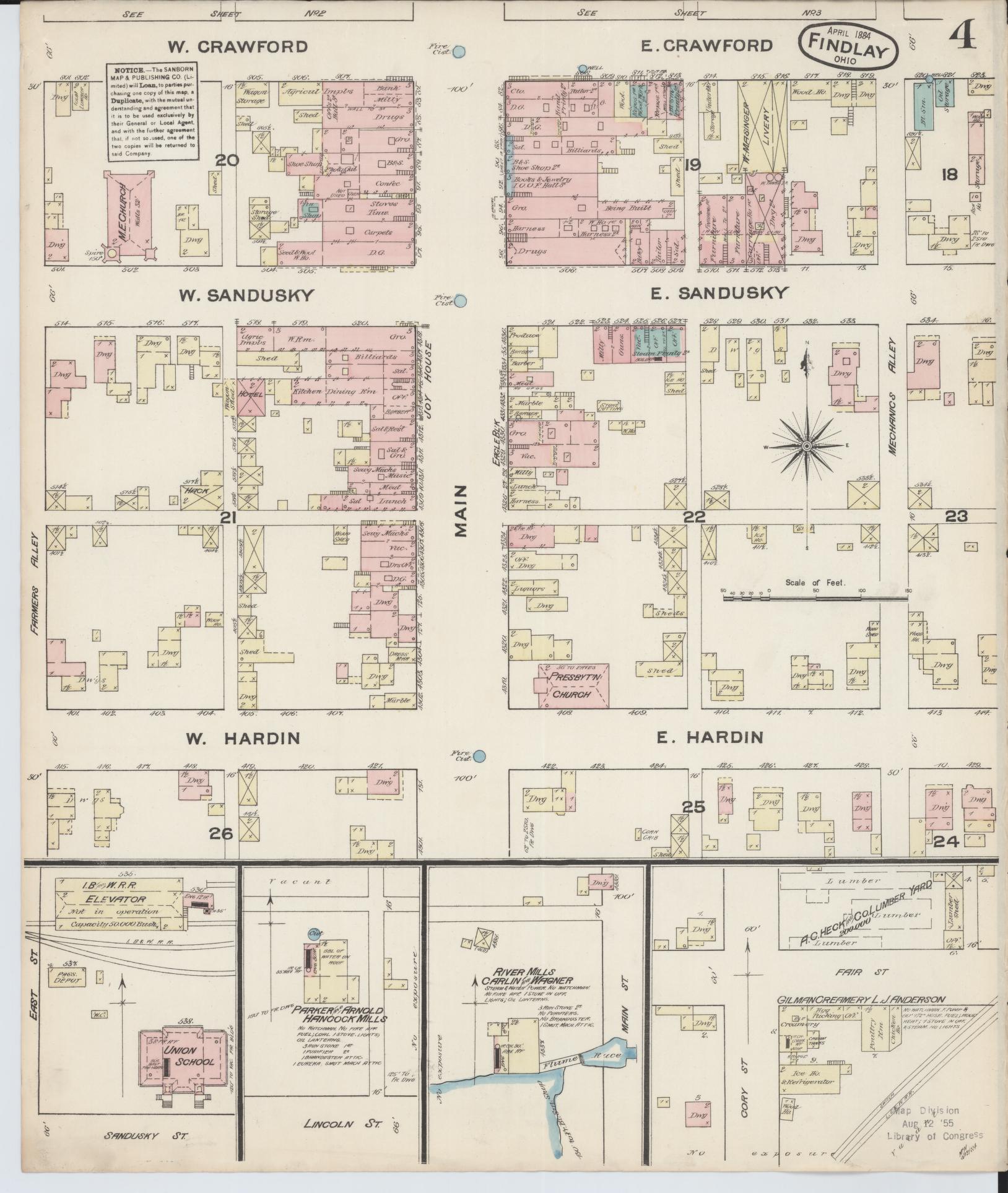Sanborn Fire Insurance Map from Findlay, Hancock County, Ohio (1884), Sheet #0004 - Historic Sanborn Fire Insurance Map Print, vintage old map wall art, antique decor, genealogy gift, Ohio Ohio map
