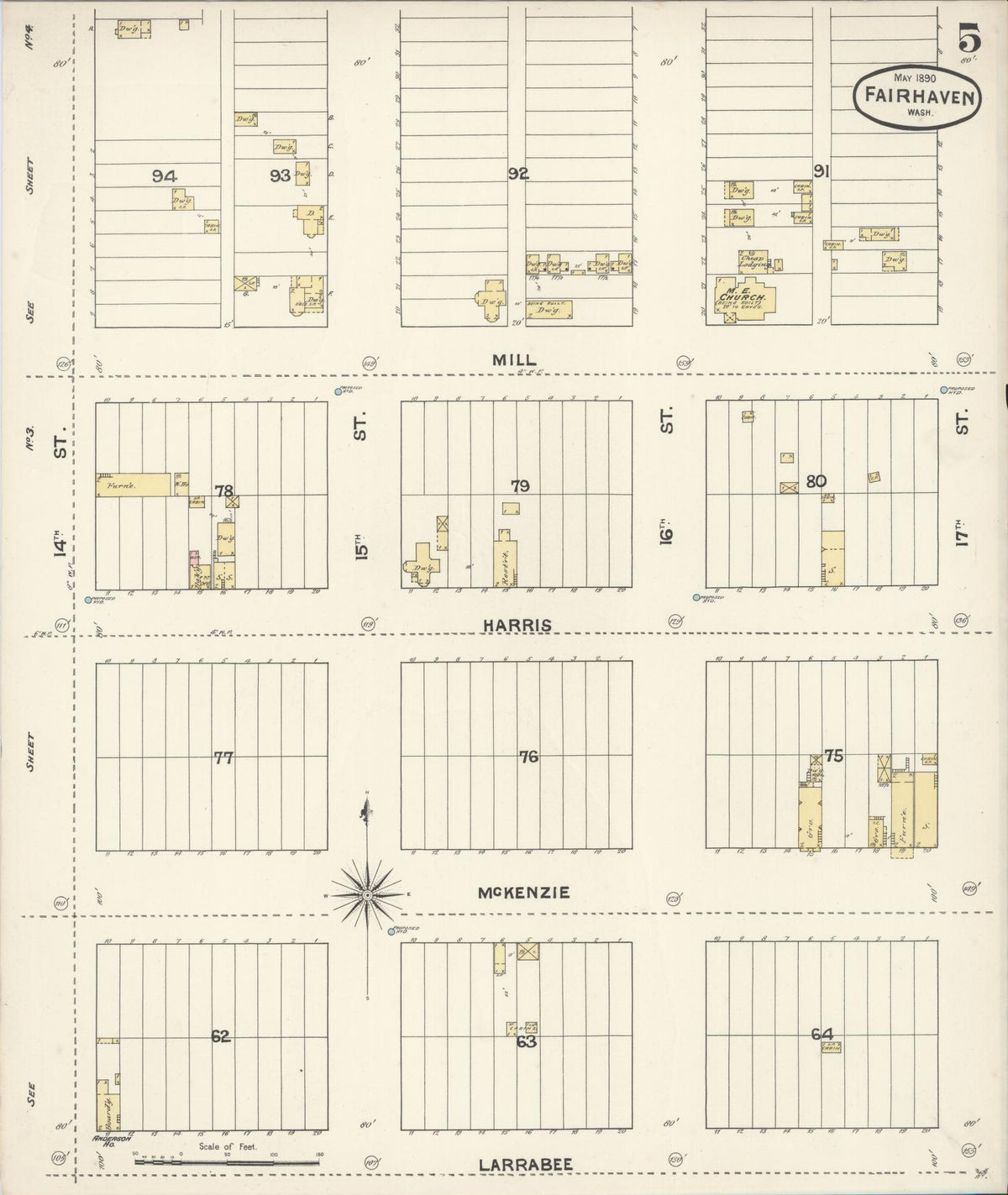 Sanborn Fire Insurance Map from Fairhaven [see also Bellingham and Sehome], Whatcom County, Washington (1890), Sheet #0005 - Historic Sanborn Fire Insurance Map Print, vintage old map wall art, antique decor, genealogy gift, Washington Washington map