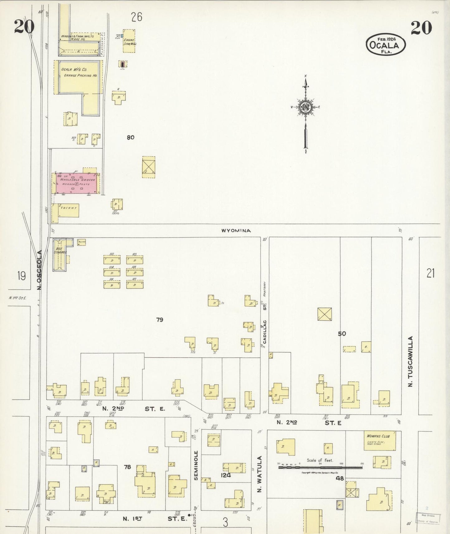 Sanborn Fire Insurance Map from Ocala, Marion County, Florida (1924), Sheet #0020 - Historic Sanborn Fire Insurance Map Print, vintage old map wall art, antique decor, genealogy gift, Florida Florida map