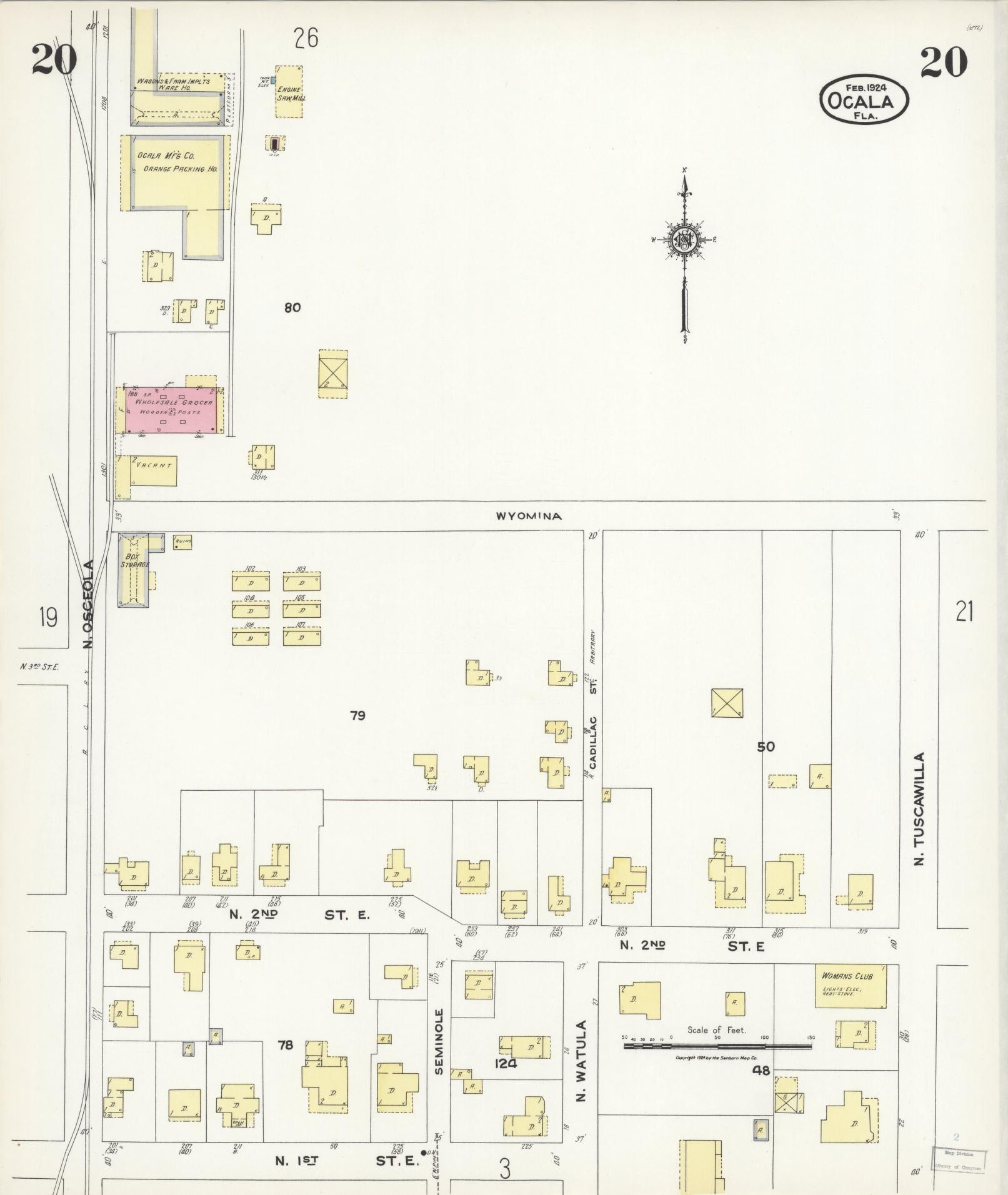 Sanborn Fire Insurance Map from Ocala, Marion County, Florida (1924), Sheet #0020 - Historic Sanborn Fire Insurance Map Print, vintage old map wall art, antique decor, genealogy gift, Florida Florida map