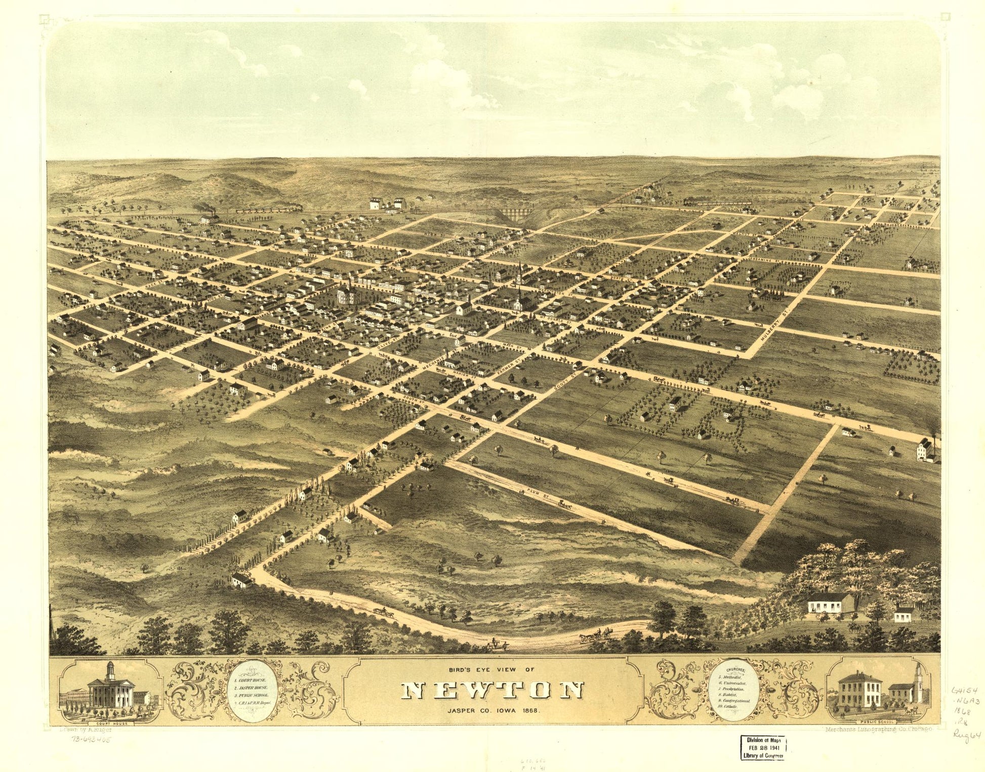 Bird's eye view of Newton, Jasper Co., Iowa 1868. (1868) – Historic Bird’s-Eye View Panorama Print