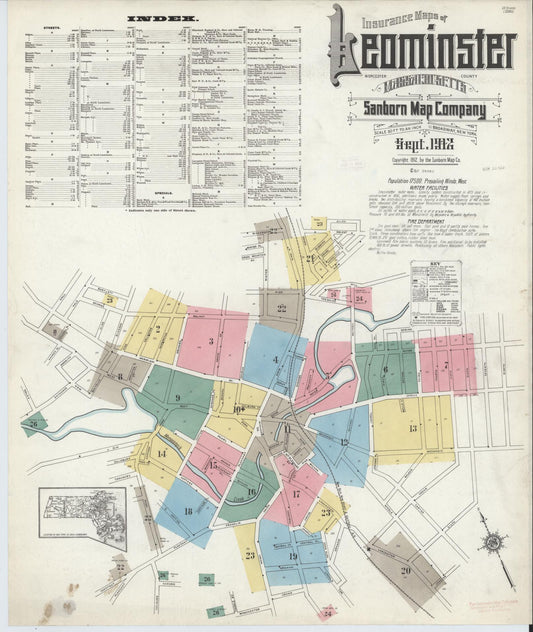 Sanborn Fire Insurance Map from Leominster, Worcester County, Massachusetts (1912), Sheet #0001 - Historic Sanborn Fire Insurance Map Print, vintage old map wall art, antique decor, genealogy gift, Massachusetts Massachusetts map