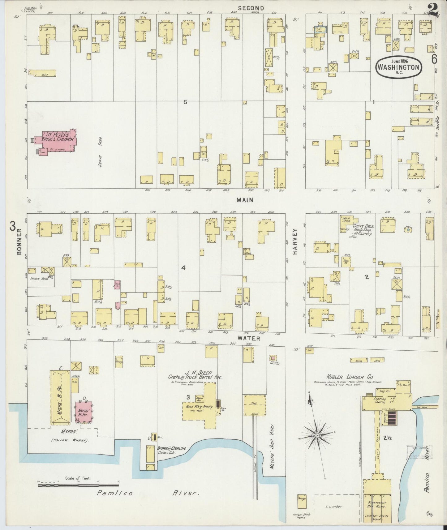 Sanborn Fire Insurance Map from Washington, Beaufort County, North Carolina (1896), Sheet #0002 - Complete Map Set gallery image, historic Sanborn map, vintage wall art, North Carolina North Carolina