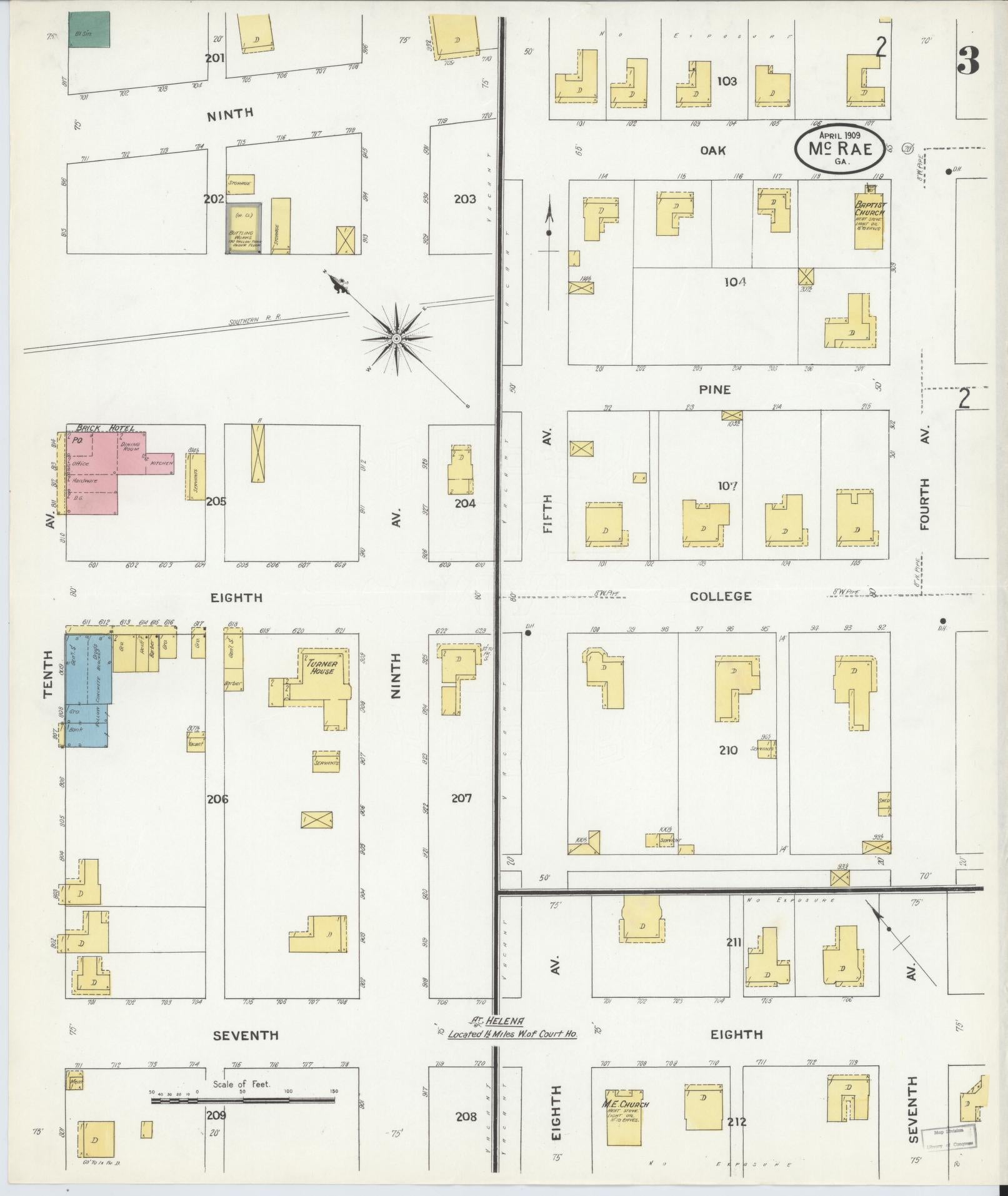 Sanborn Fire Insurance Map from Mcrae, Telfair County, Georgia (1909), Sheet #0003 - Complete Map Set gallery image, historic Sanborn map, vintage wall art, Georgia Georgia