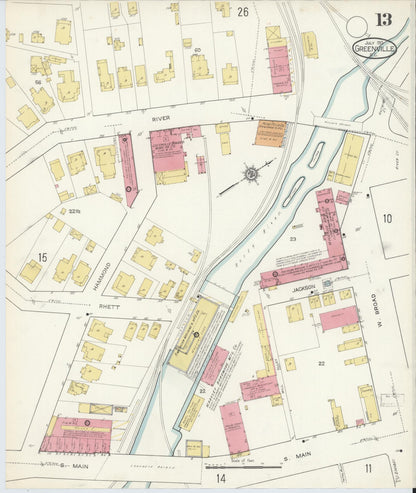 Sanborn Fire Insurance Map from Greenville, Greenville County, South Carolina (1913), Sheet #0013 - Complete Map Set gallery image, historic Sanborn map, vintage wall art, South Carolina South Carolina
